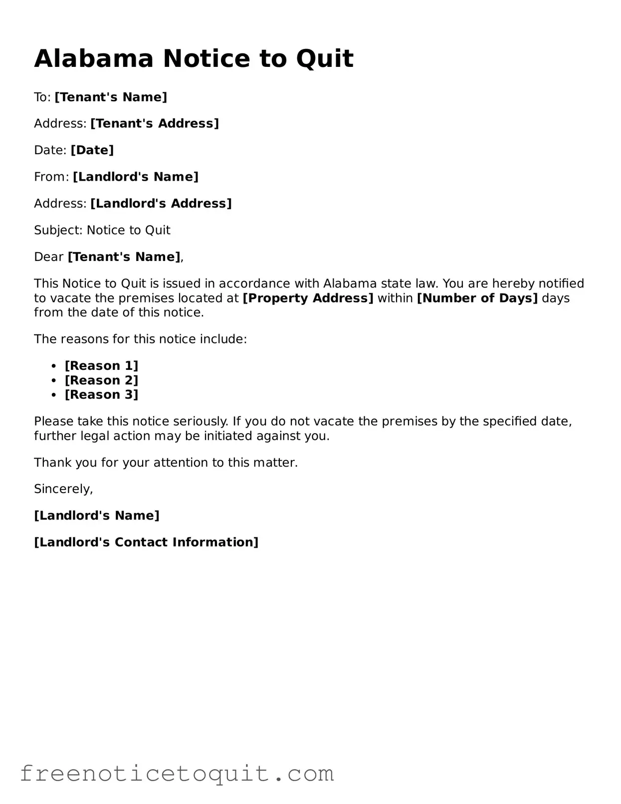 Printable Notice to Quit Template for the State of Alabama