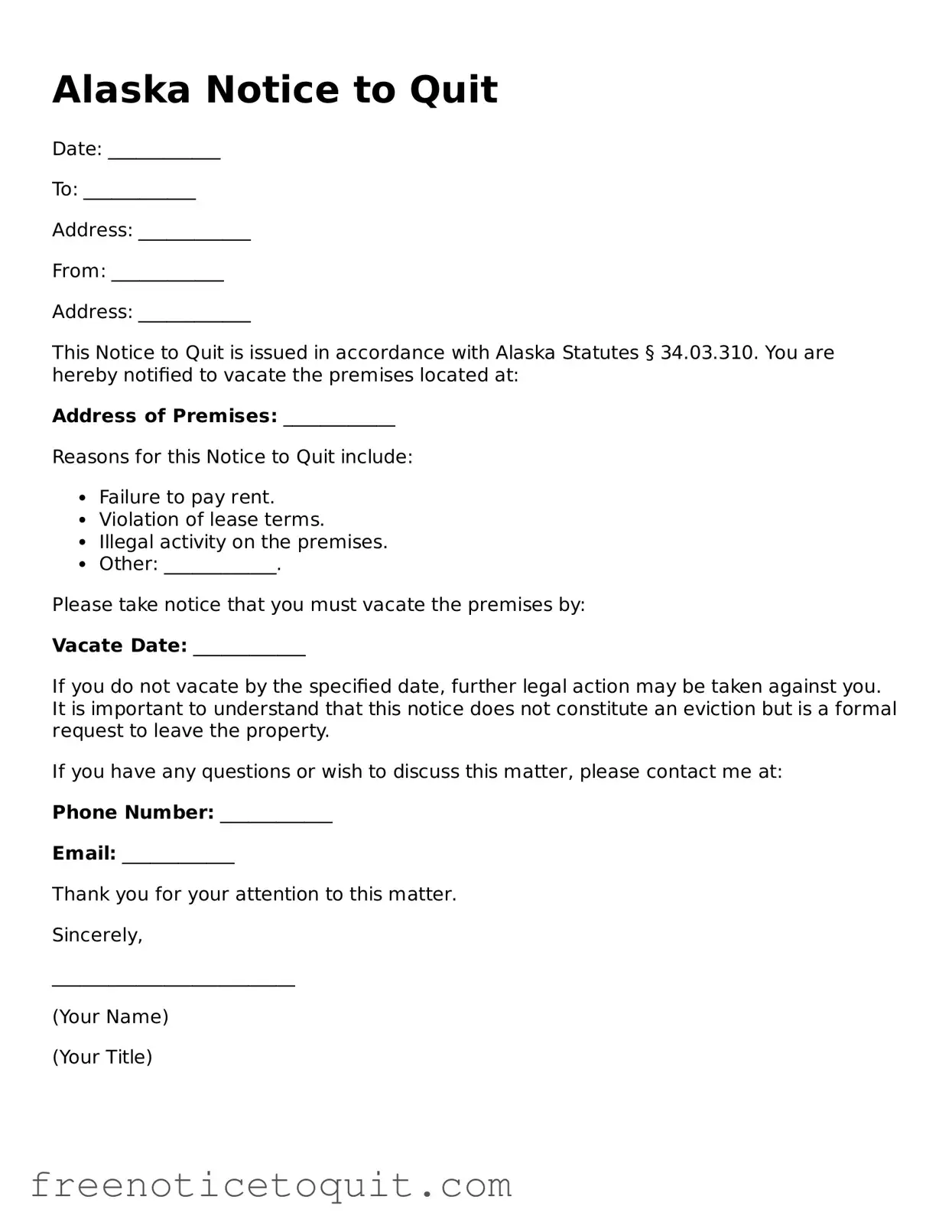 Printable Notice to Quit Template for the State of Alaska
