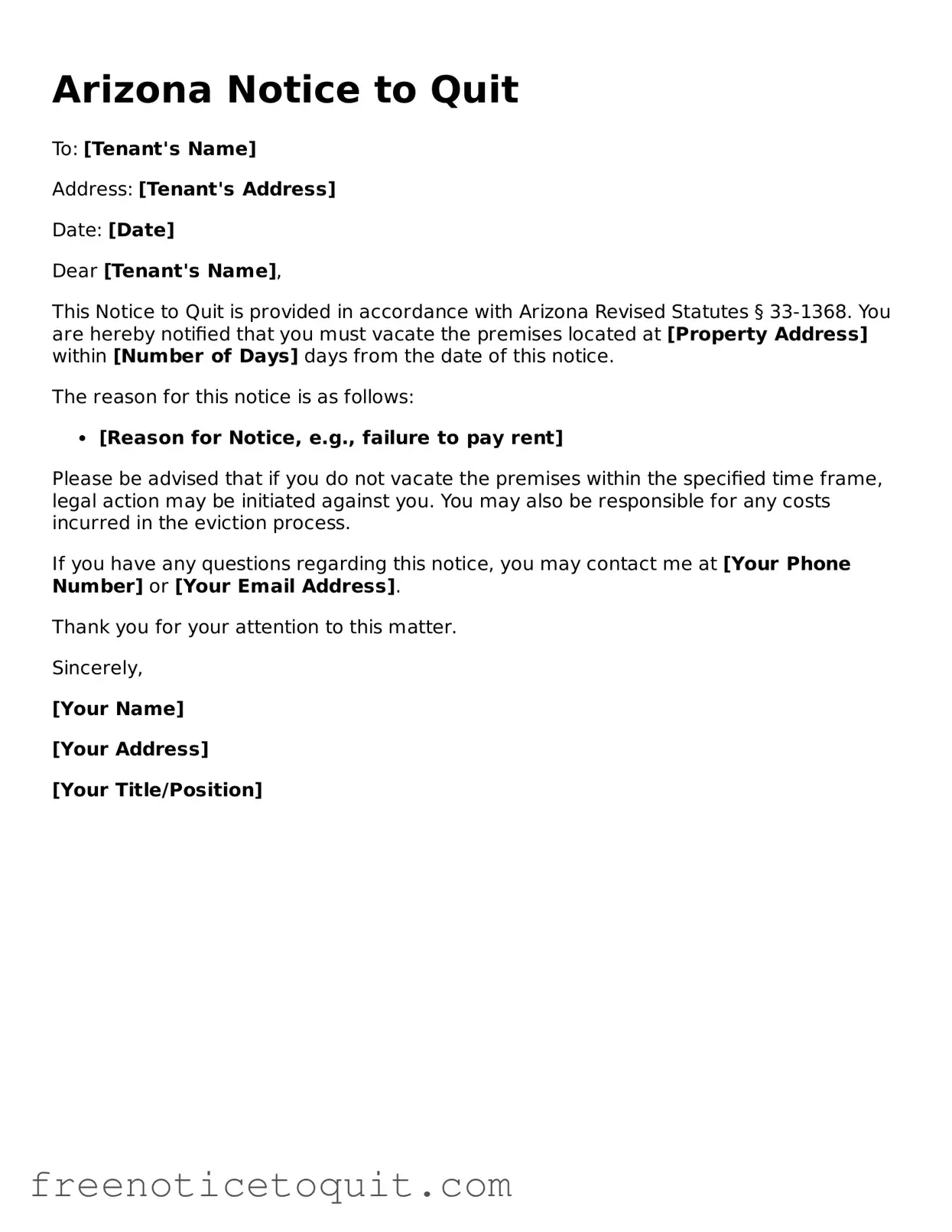 Printable Notice to Quit Template for the State of Arizona