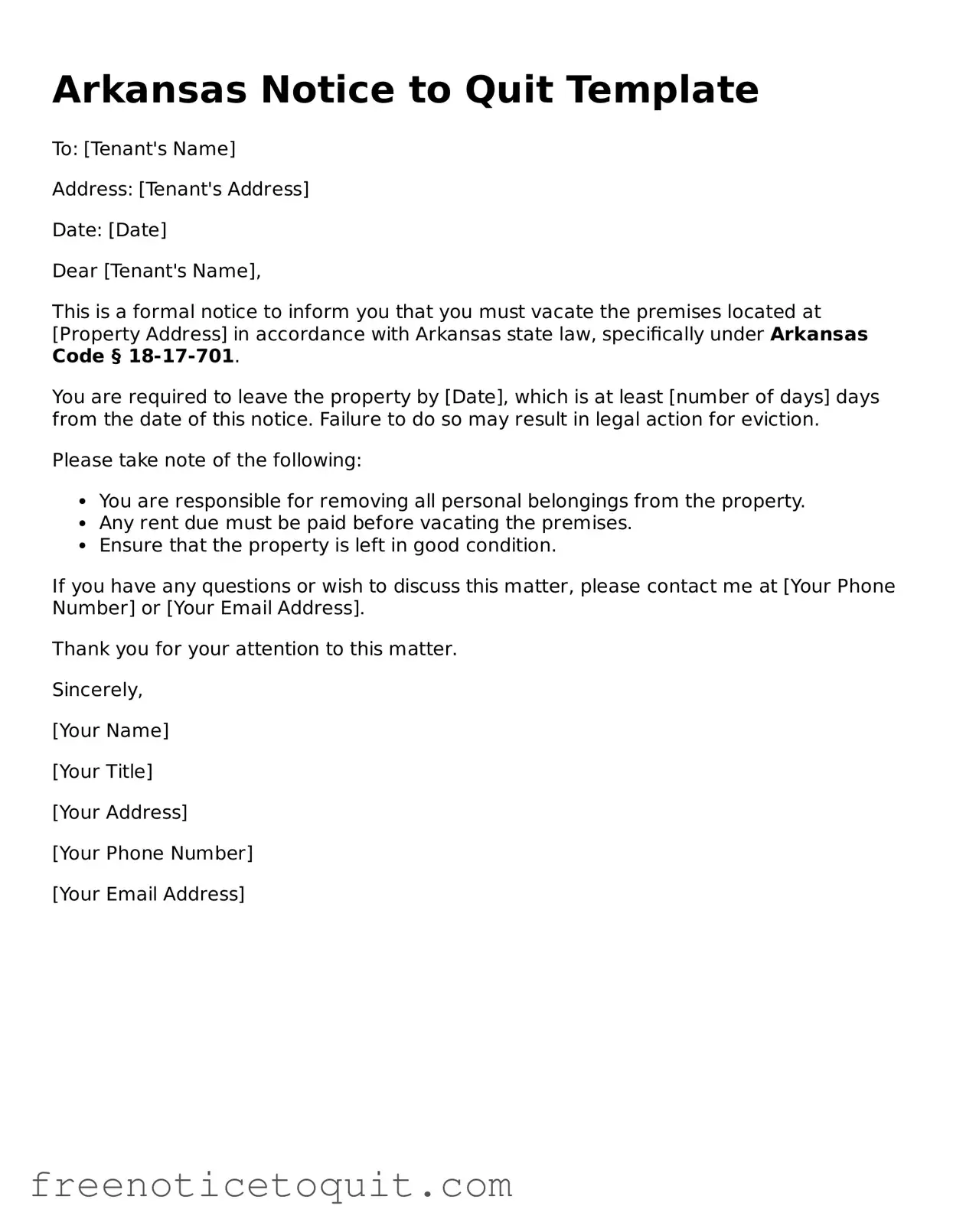 Printable Notice to Quit Template for the State of Arkansas
