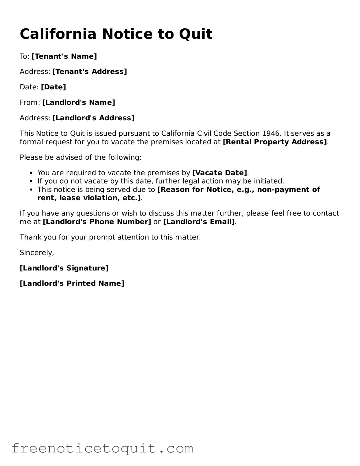 Printable Notice to Quit Template for the State of California