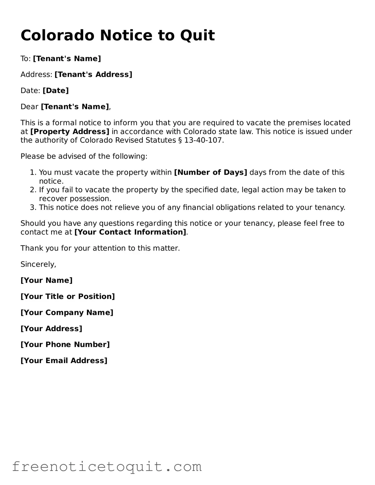 Printable Notice to Quit Template for the State of Colorado