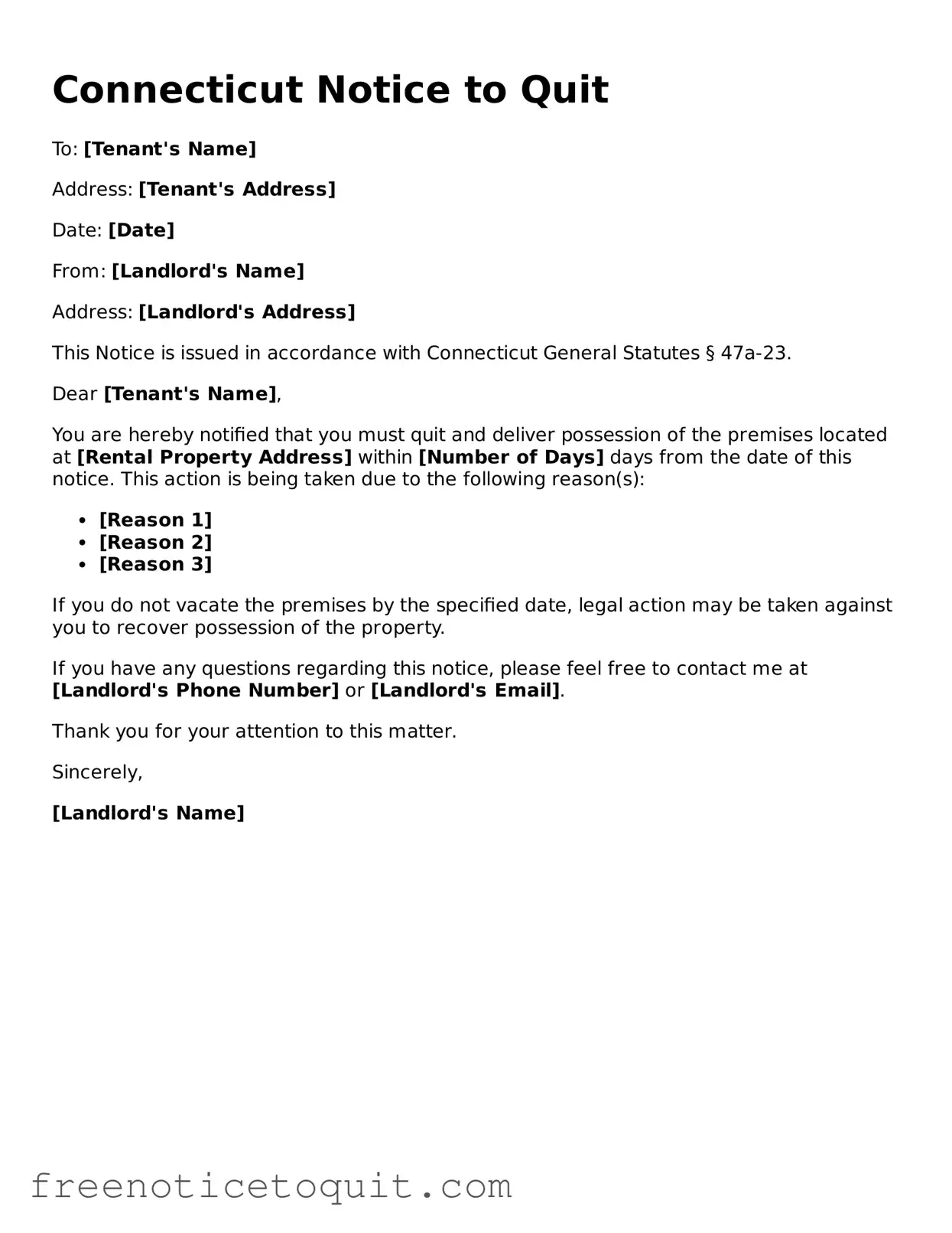 Printable Notice to Quit Template for the State of Connecticut