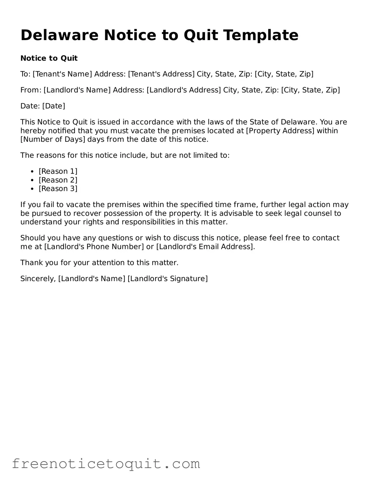 Printable Notice to Quit Template for the State of Delaware