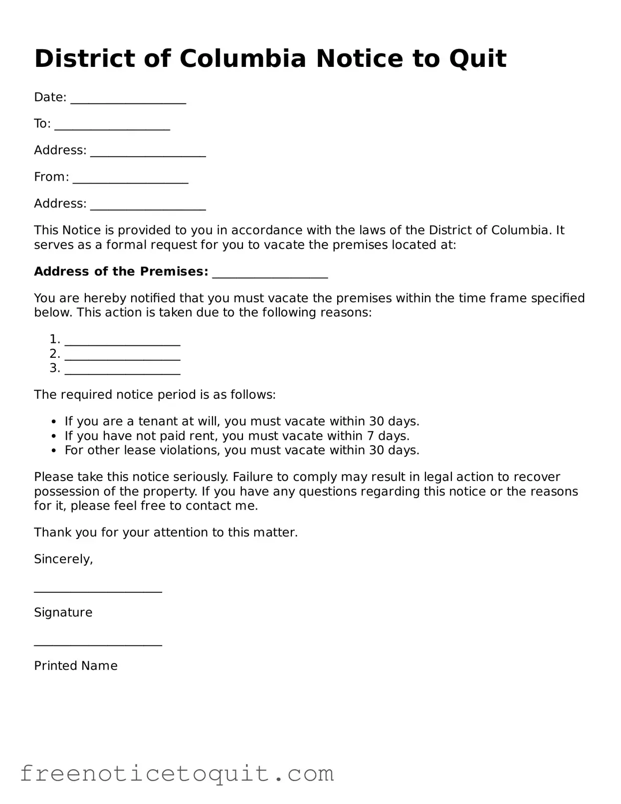 Printable Notice to Quit Template for the State of District of Columbia