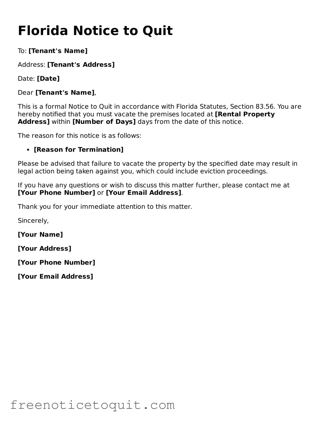 Printable Notice to Quit Template for the State of Florida