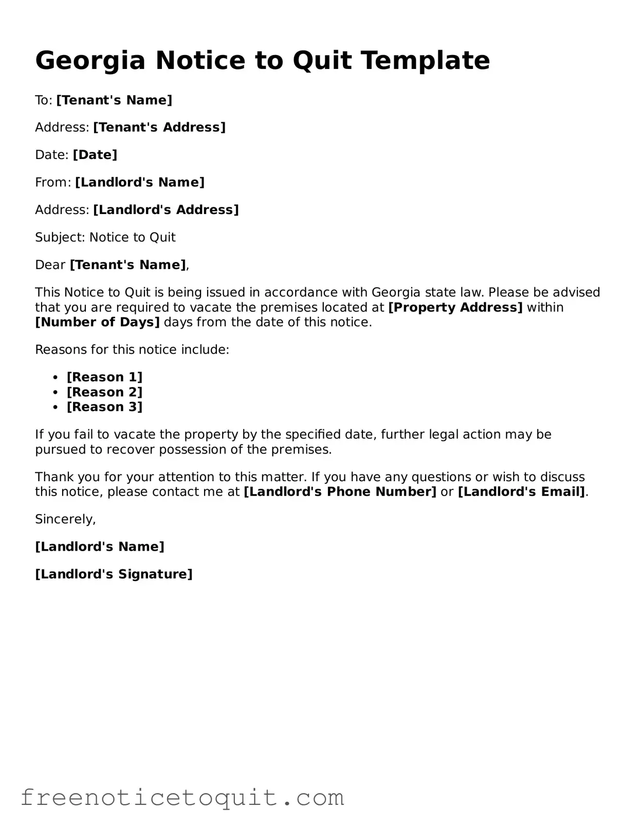 Printable Notice to Quit Template for the State of Georgia