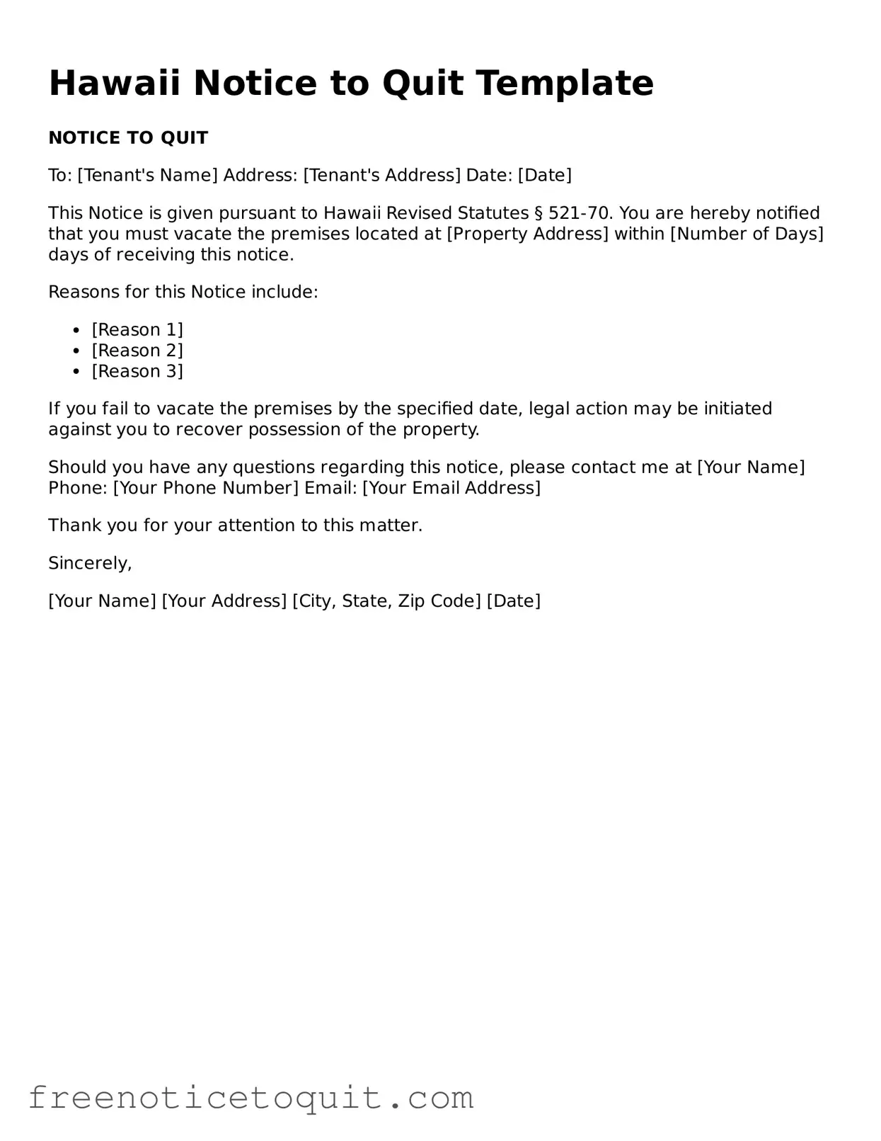 Printable Notice to Quit Template for the State of Hawaii