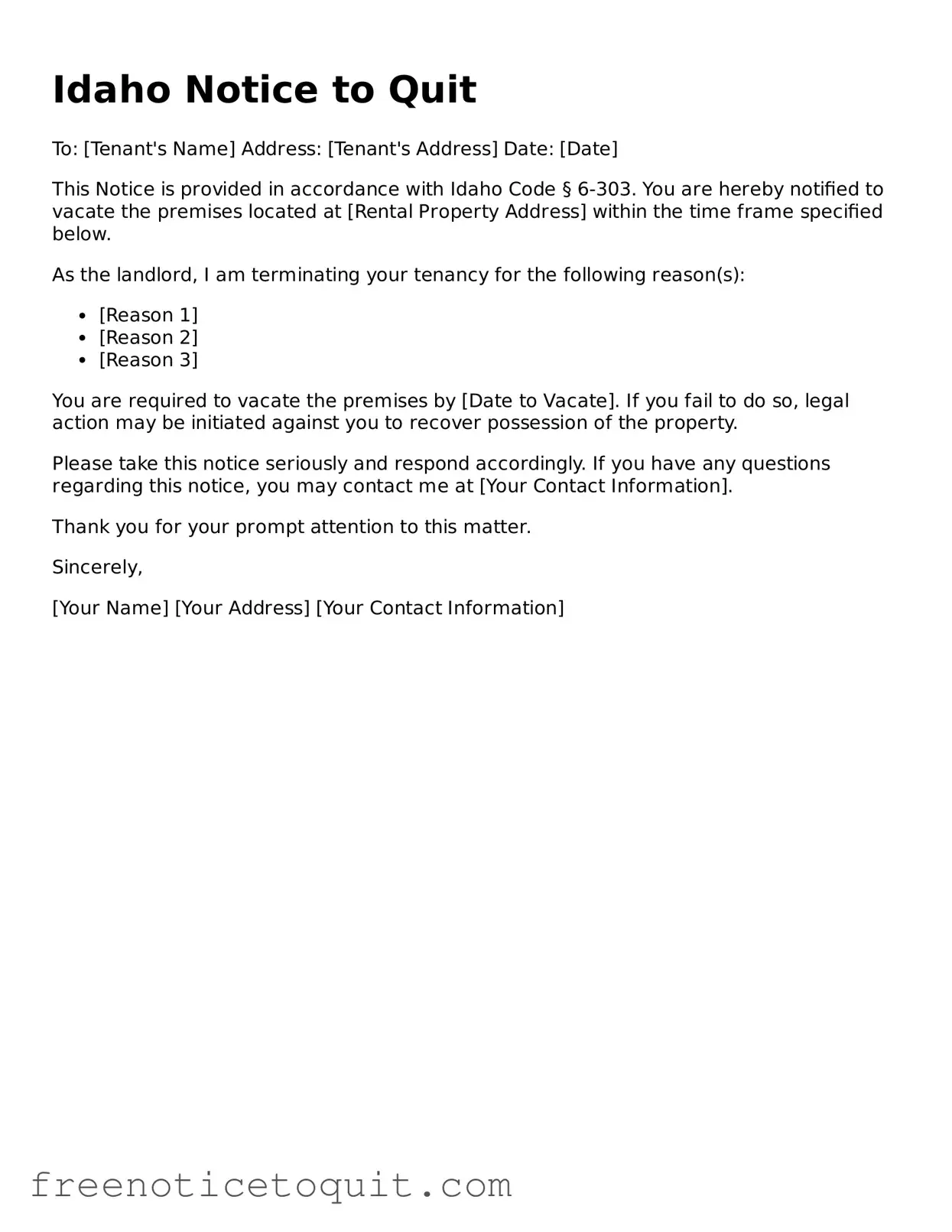 Printable Notice to Quit Template for the State of Idaho