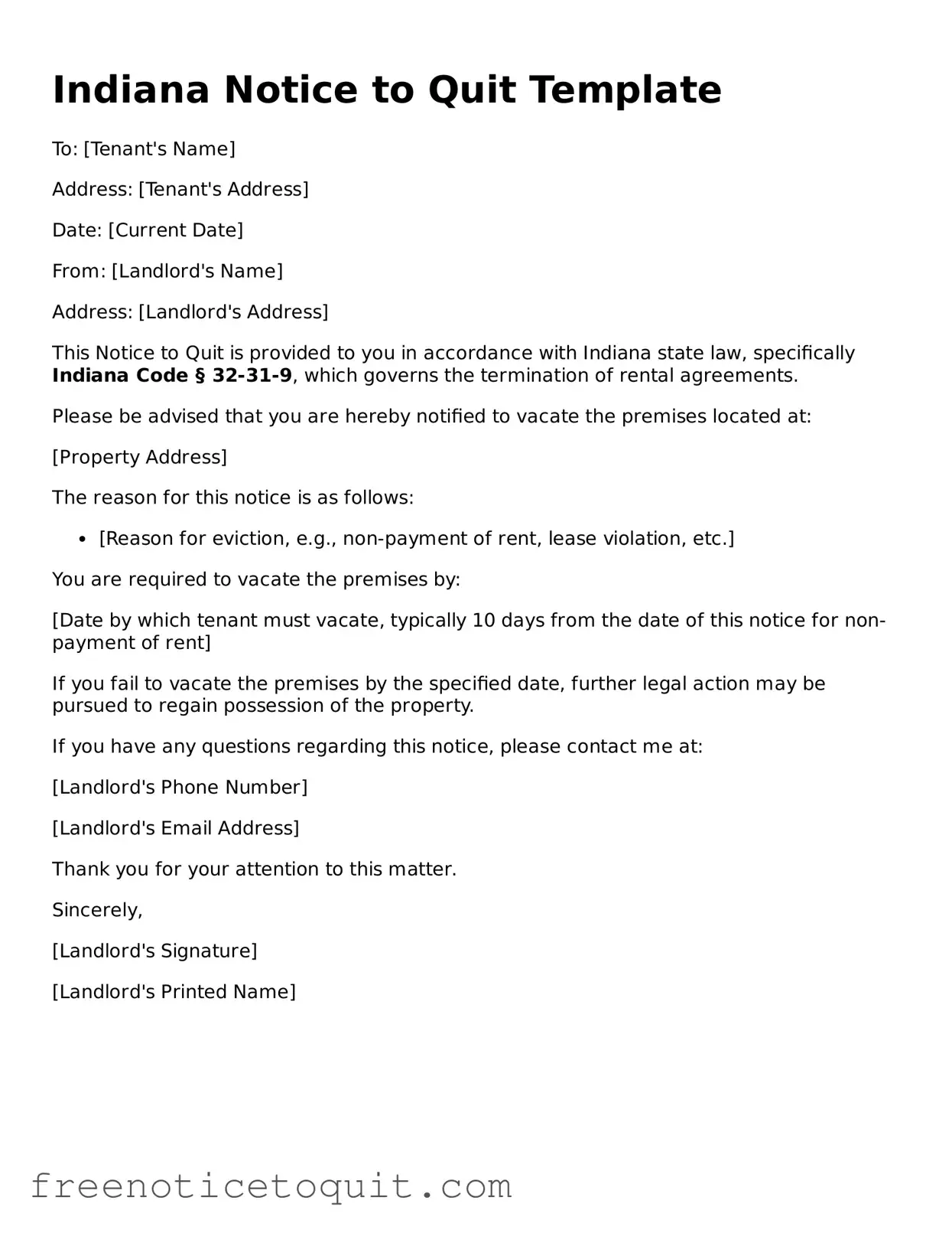 Printable Notice to Quit Template for the State of Indiana