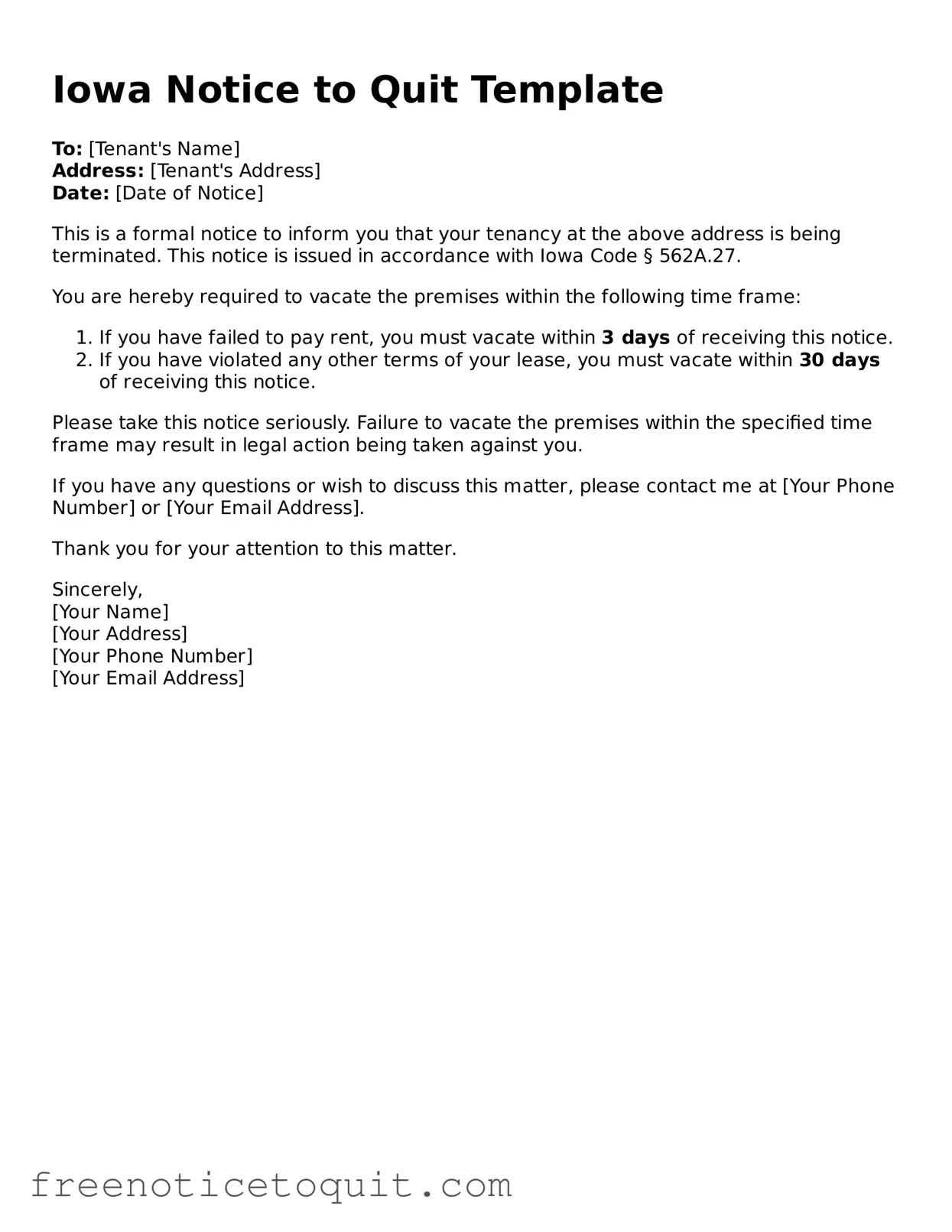 Printable Notice to Quit Template for the State of Iowa