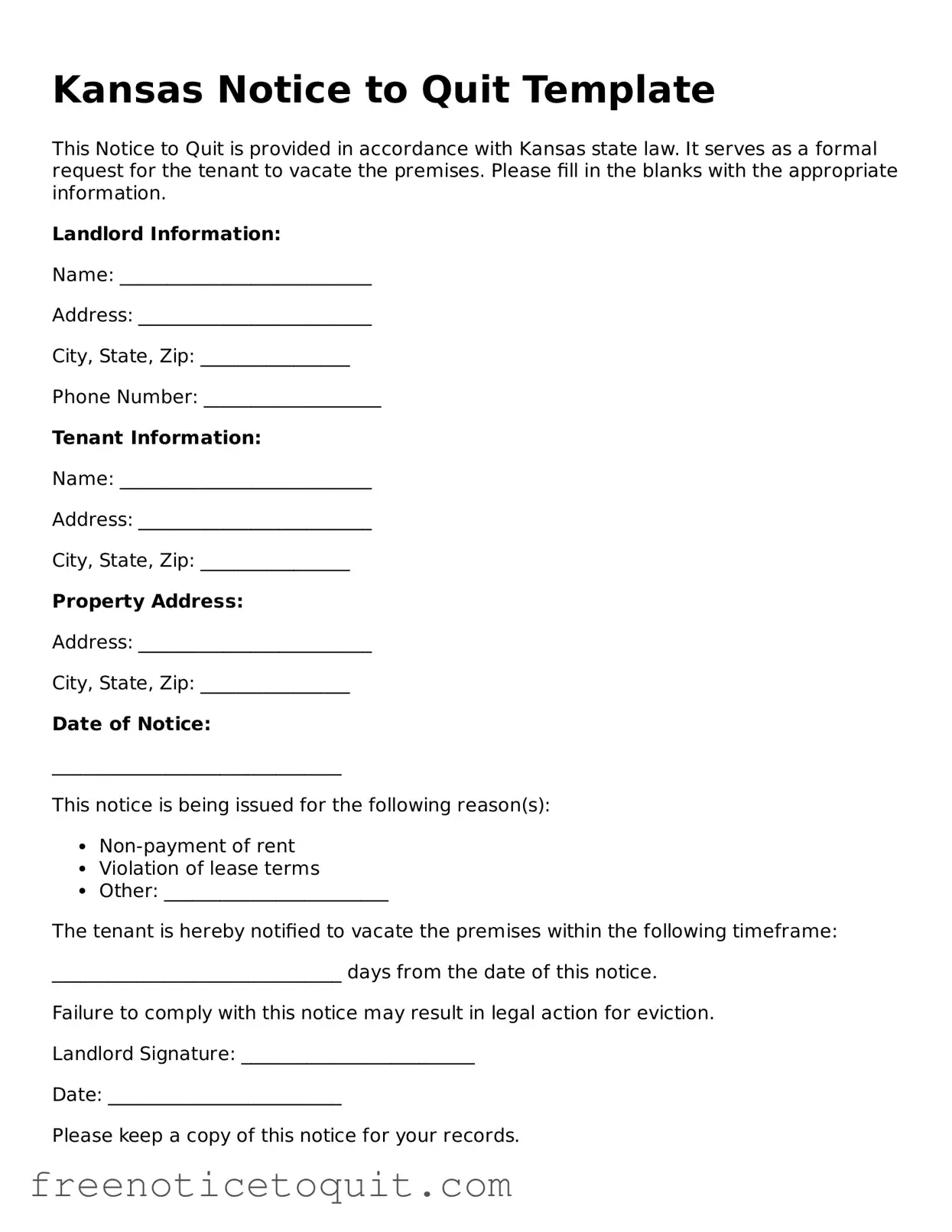 Printable Notice to Quit Template for the State of Kansas