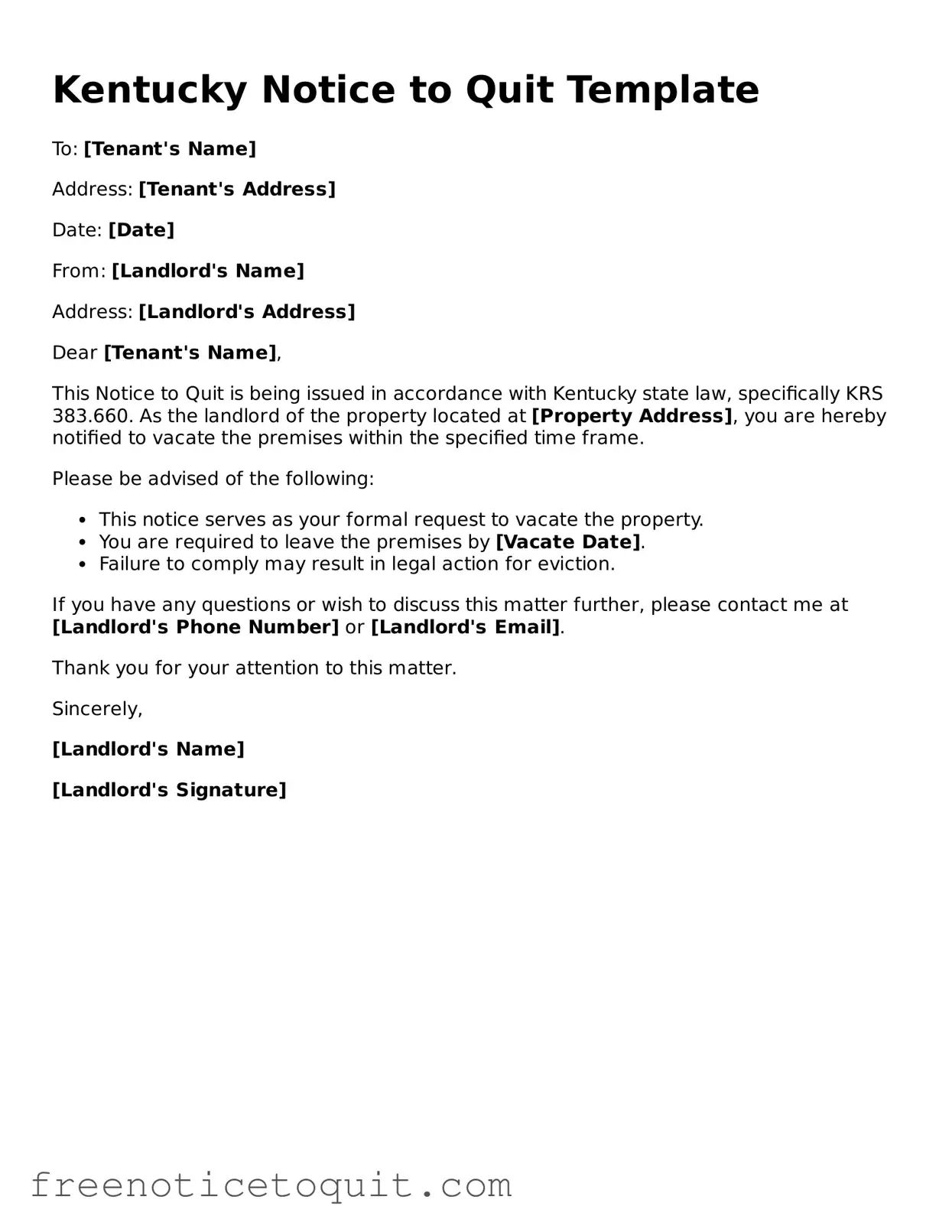 Printable Notice to Quit Template for the State of Kentucky