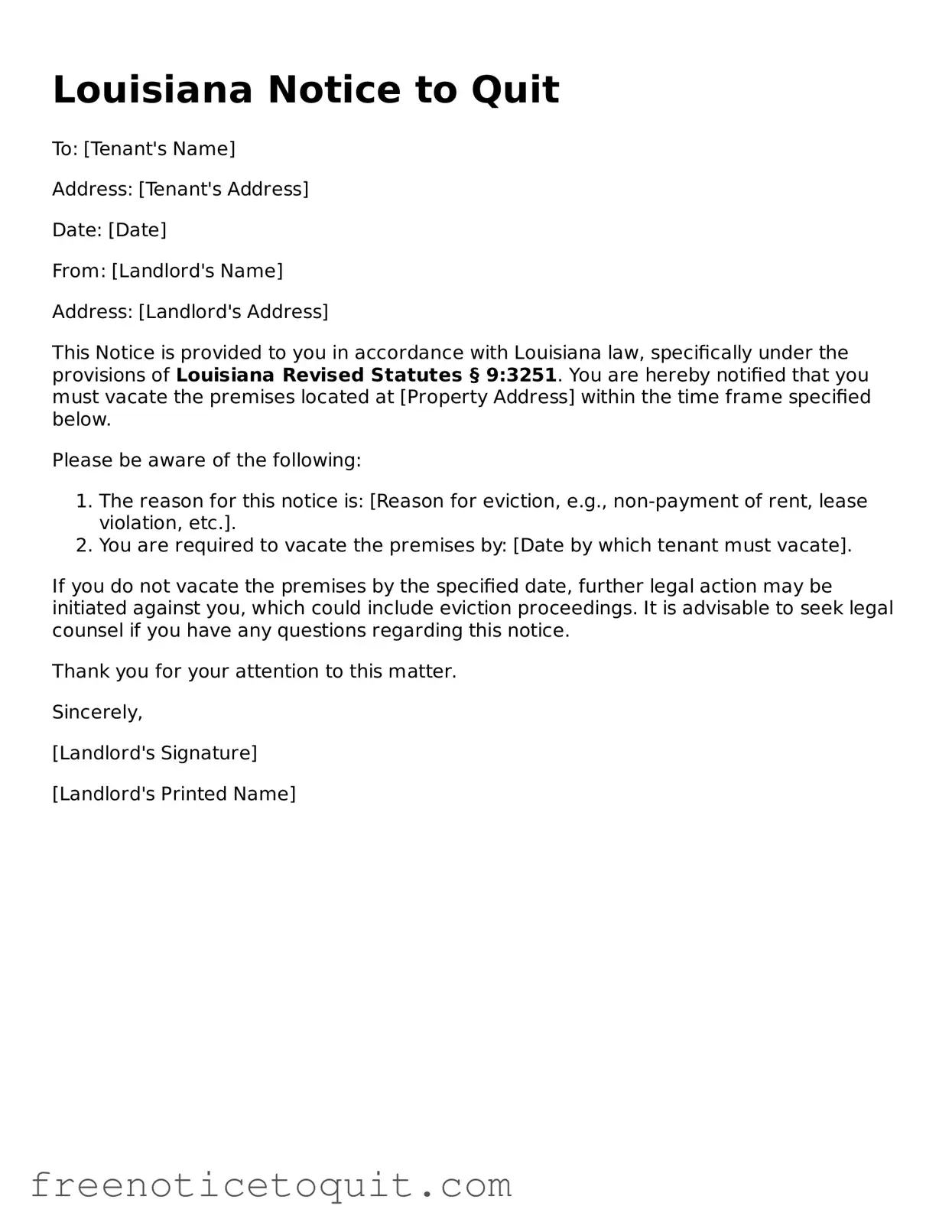 Printable Notice to Quit Template for the State of Louisiana