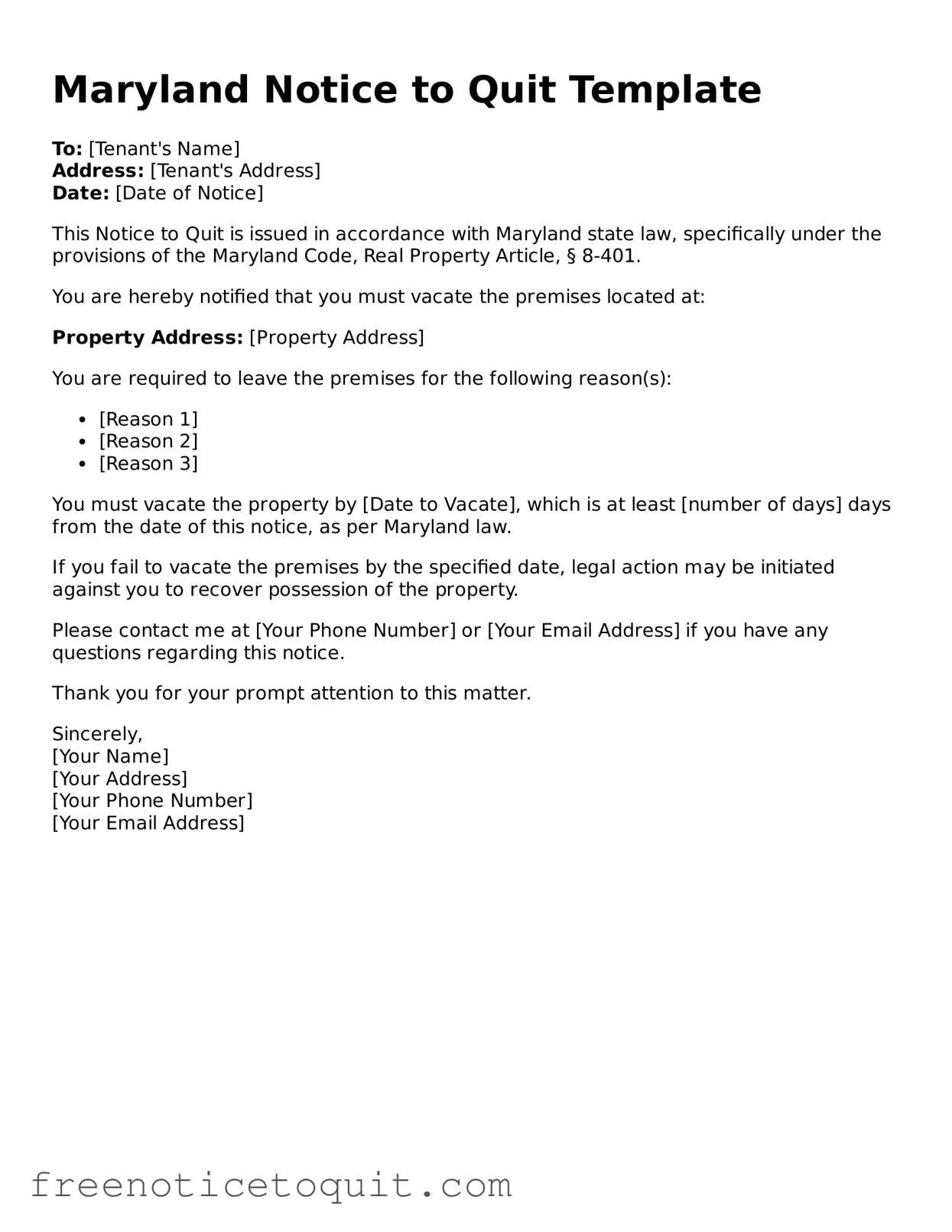 Printable Notice to Quit Template for the State of Maryland
