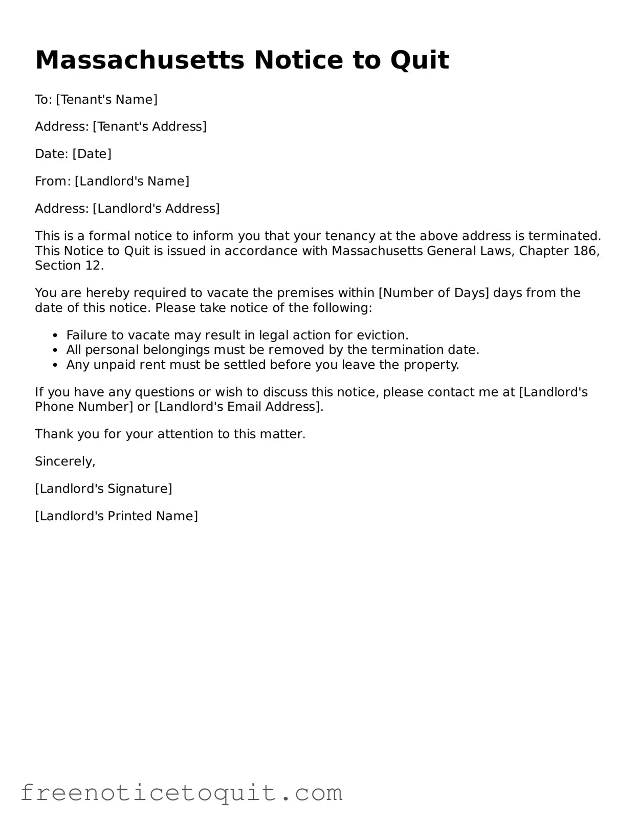 Printable Notice to Quit Template for the State of Massachusetts