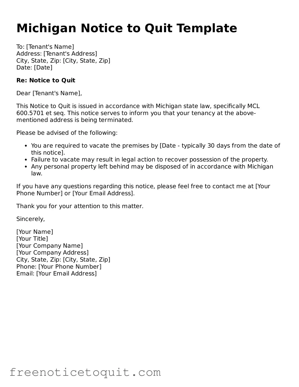 Printable Notice to Quit Template for the State of Michigan
