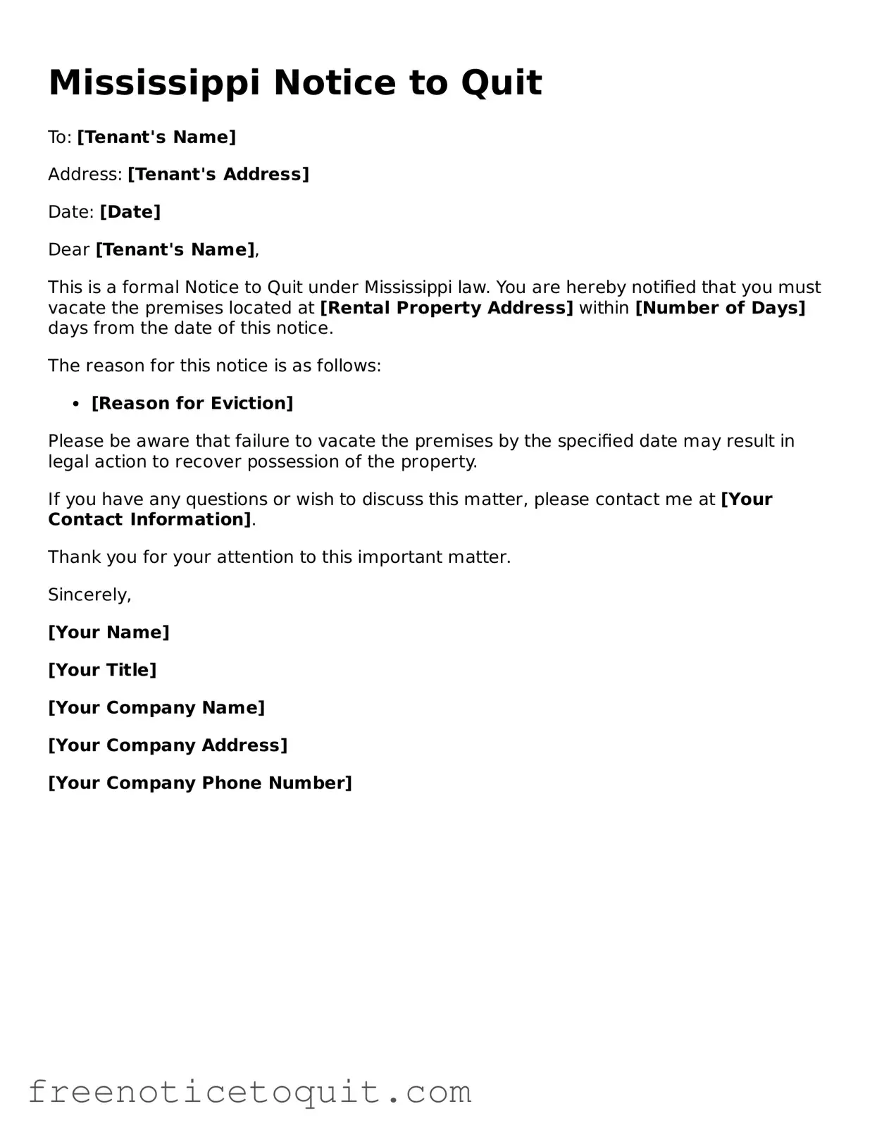Printable Notice to Quit Template for the State of Mississippi