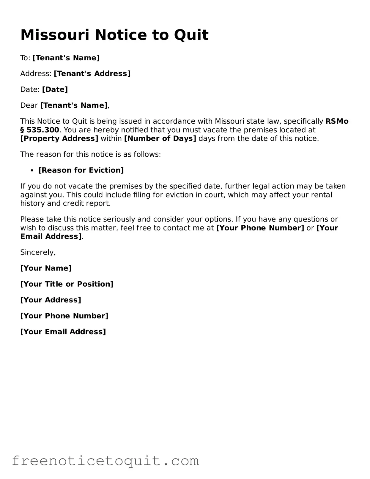 Printable Notice to Quit Template for the State of Missouri