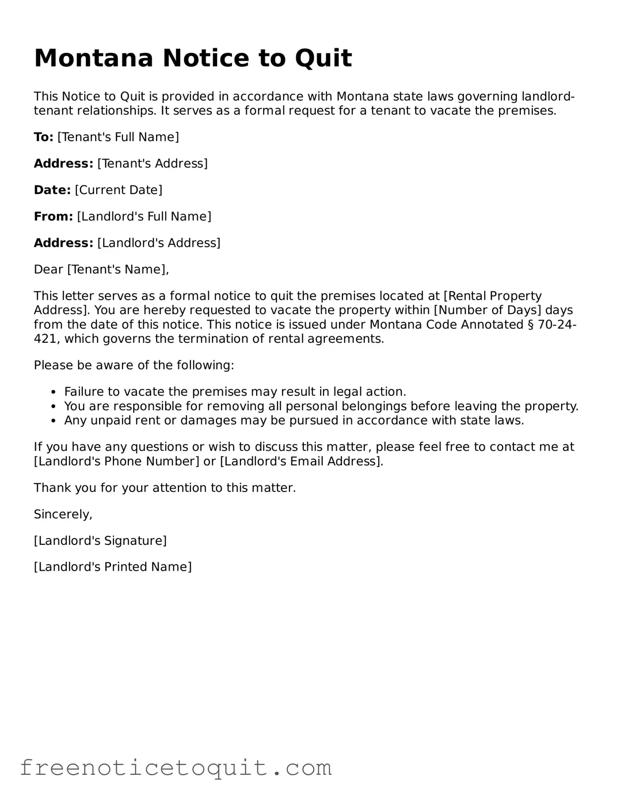 Printable Notice to Quit Template for the State of Montana