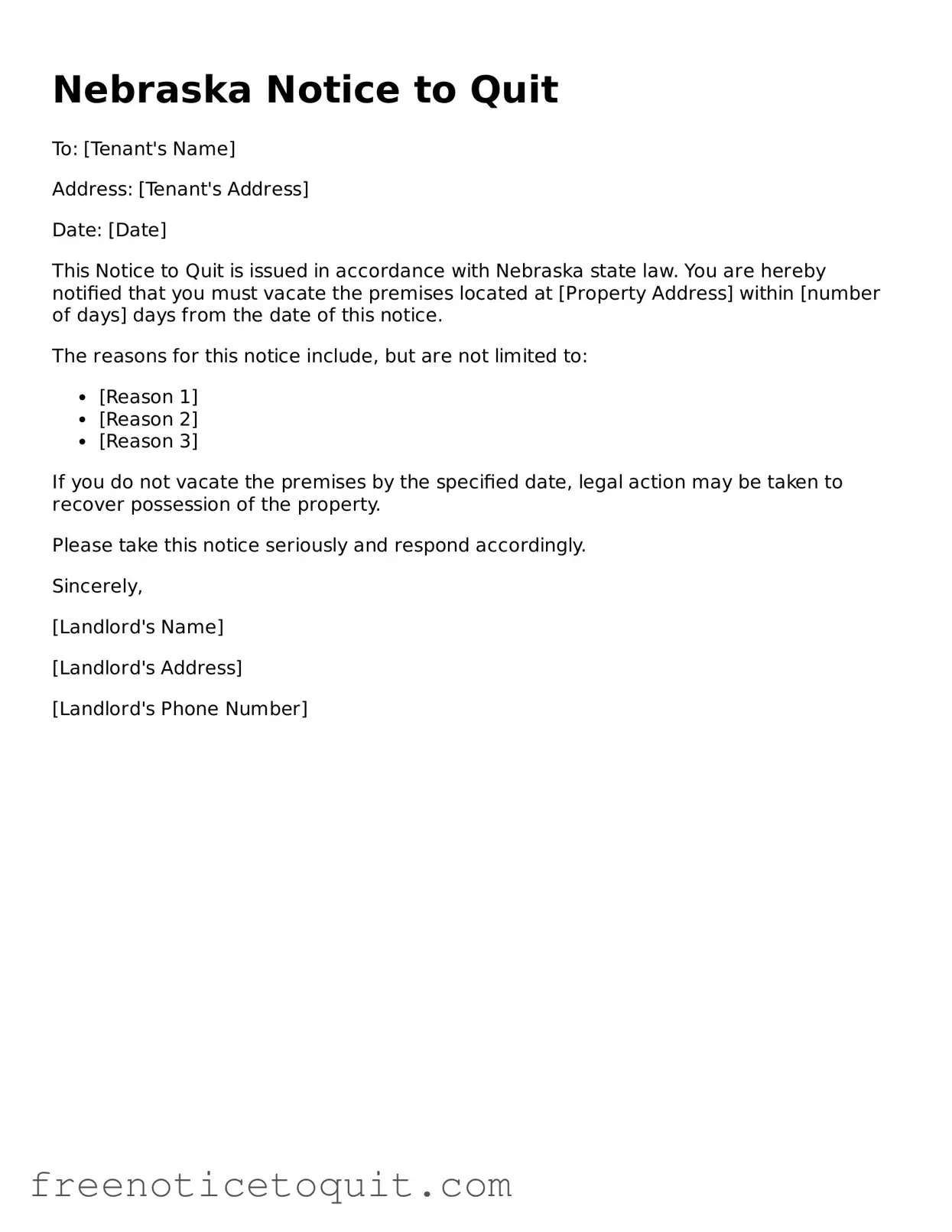 Printable Notice to Quit Template for the State of Nebraska