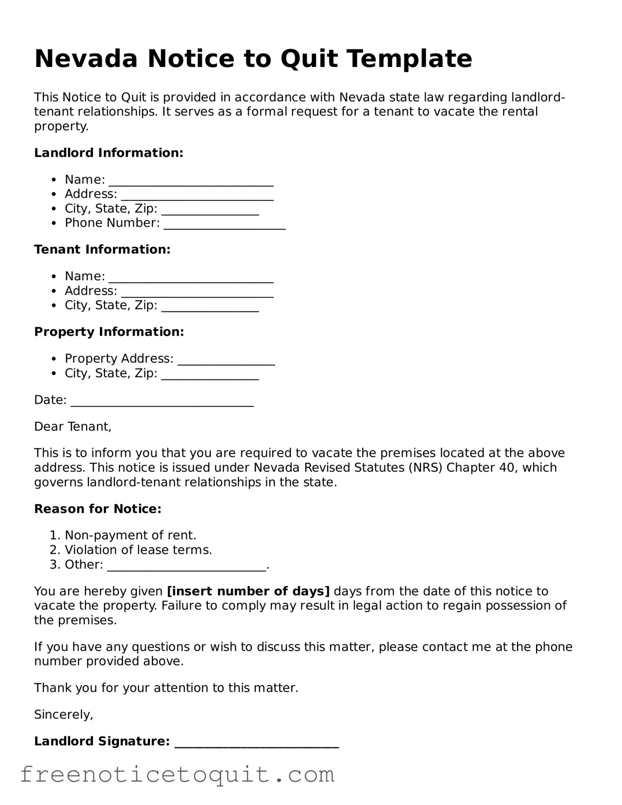 Printable Notice to Quit Template for the State of Nevada