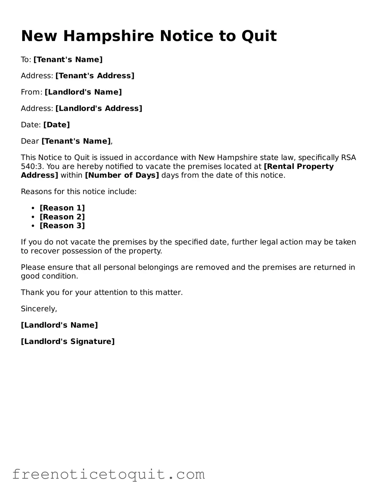 Printable Notice to Quit Template for the State of New Hampshire