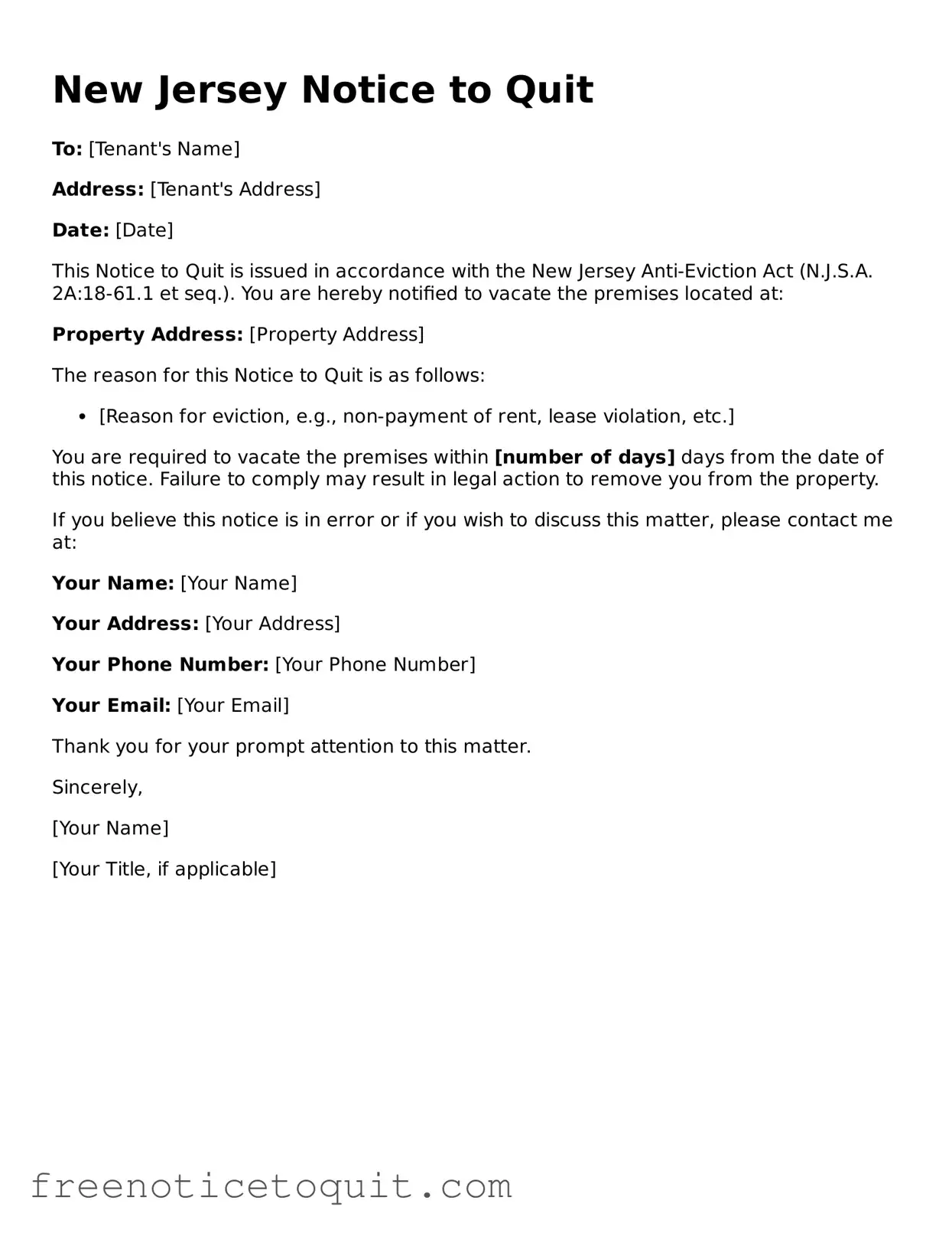 Printable Notice to Quit Template for the State of New Jersey
