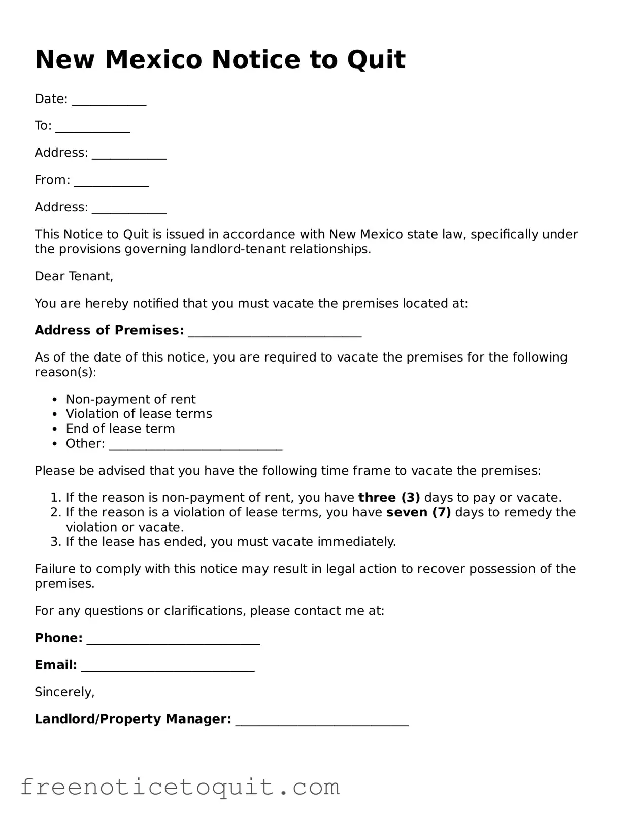 Printable Notice to Quit Template for the State of New Mexico