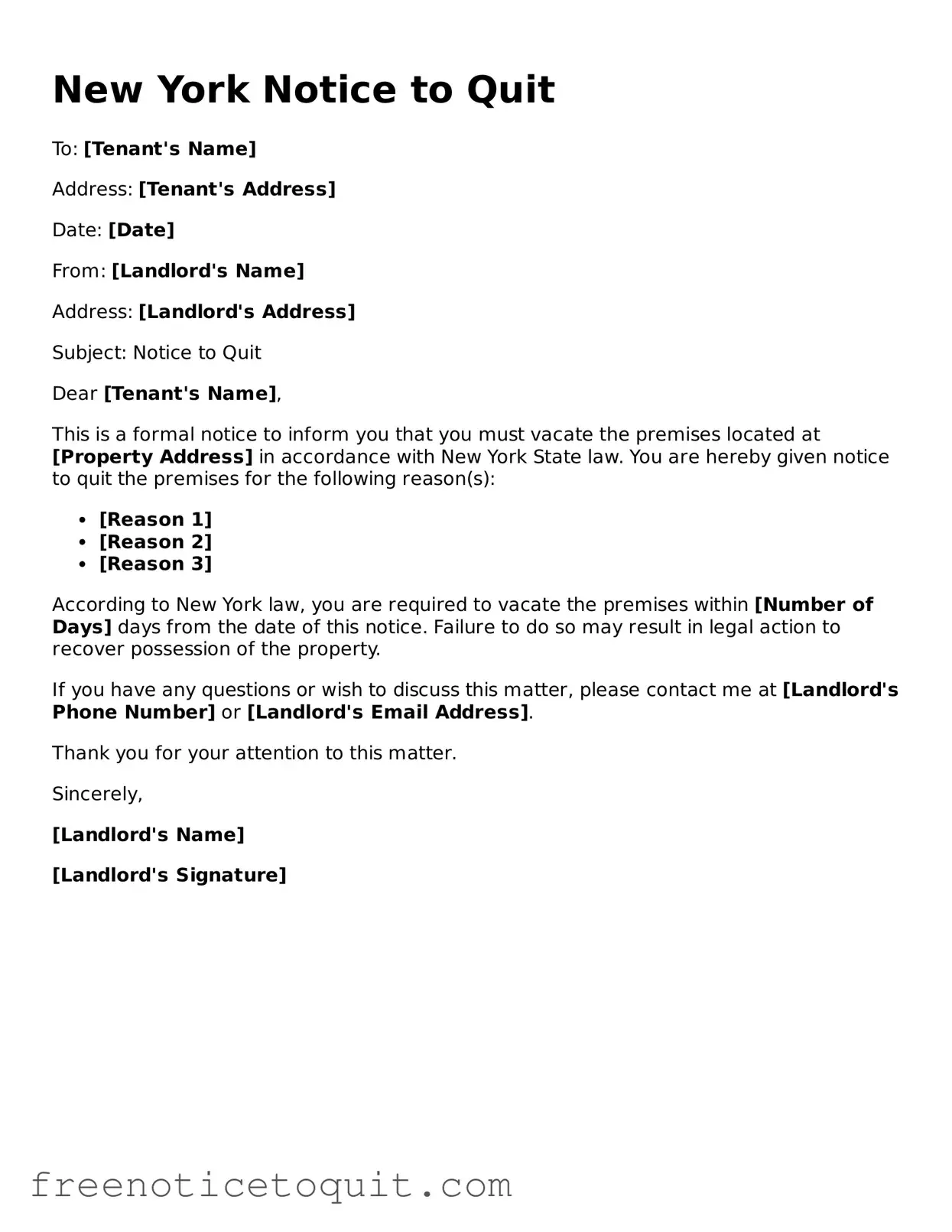 Printable Notice to Quit Template for the State of New York