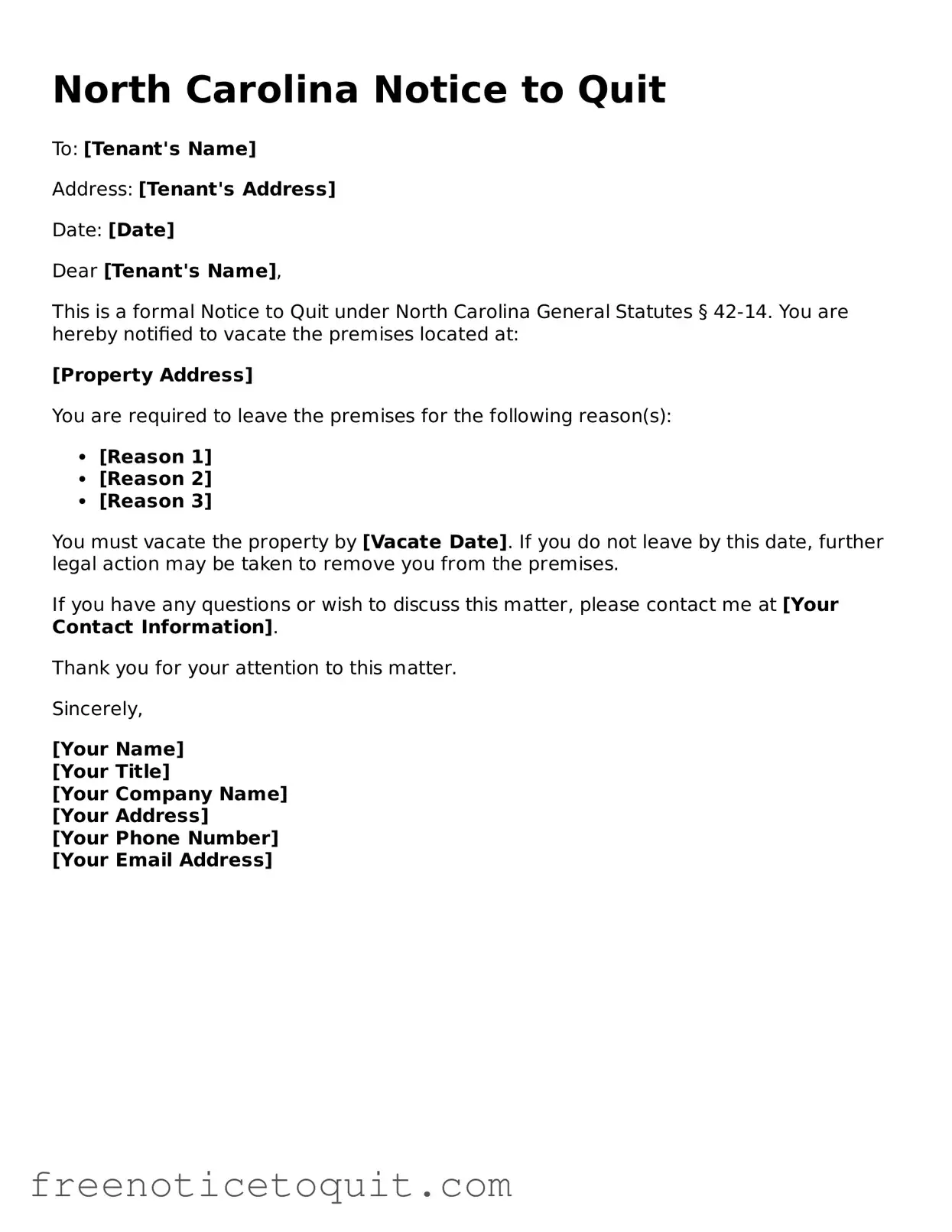 Printable Notice to Quit Template for the State of North Carolina
