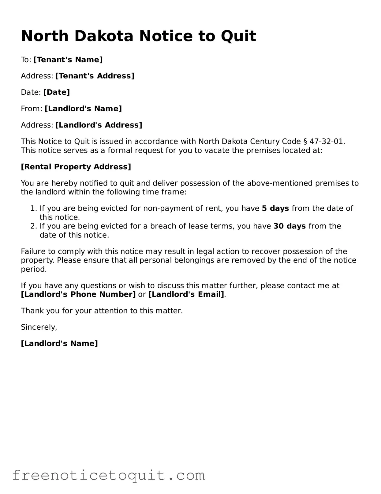 Printable Notice to Quit Template for the State of North Dakota