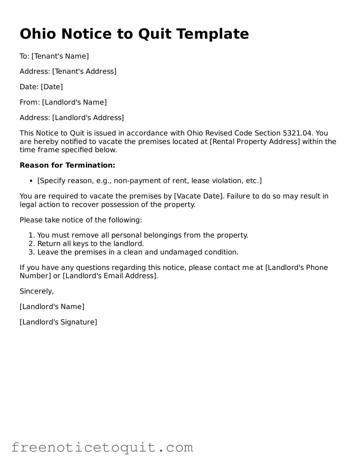 Printable Notice to Quit Template for the State of Ohio