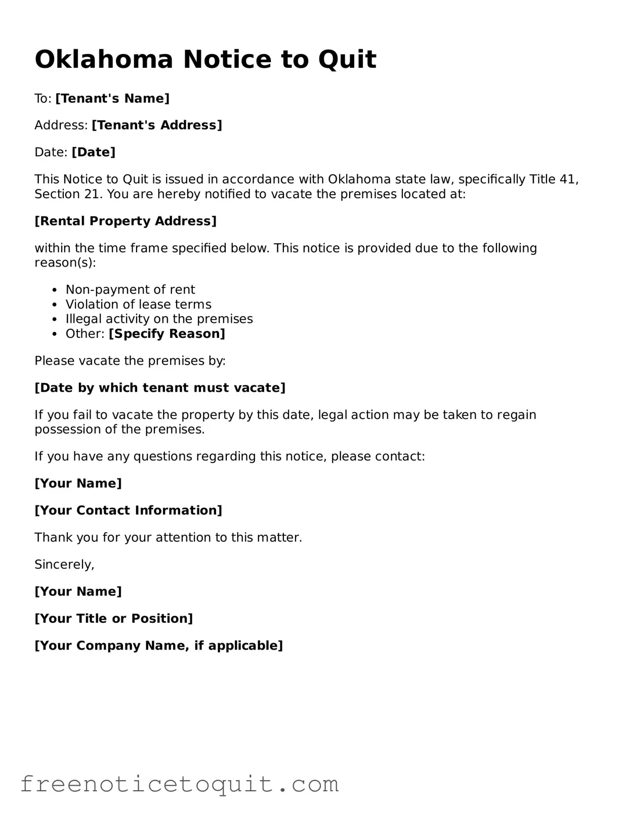 Printable Notice to Quit Template for the State of Oklahoma