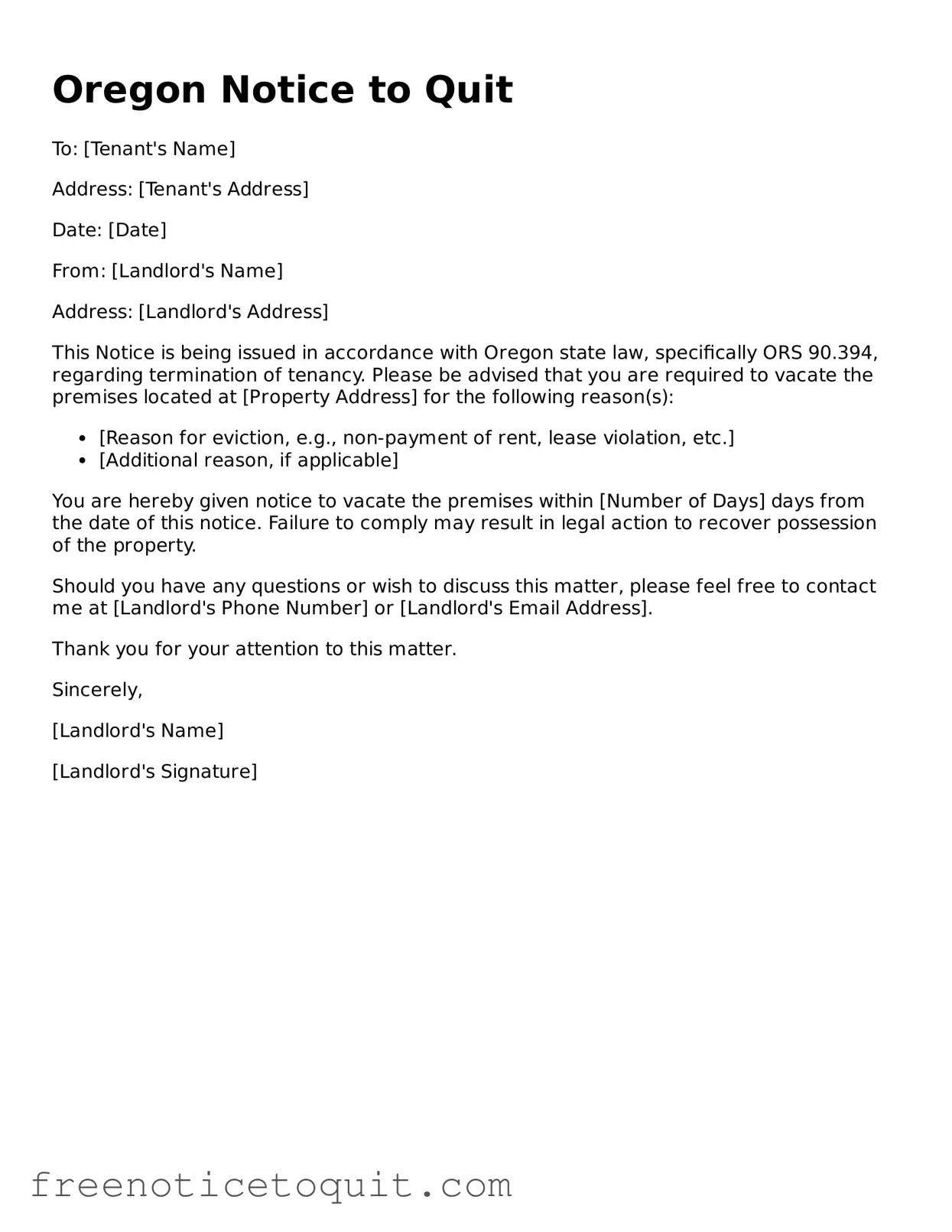 Printable Notice to Quit Template for the State of Oregon