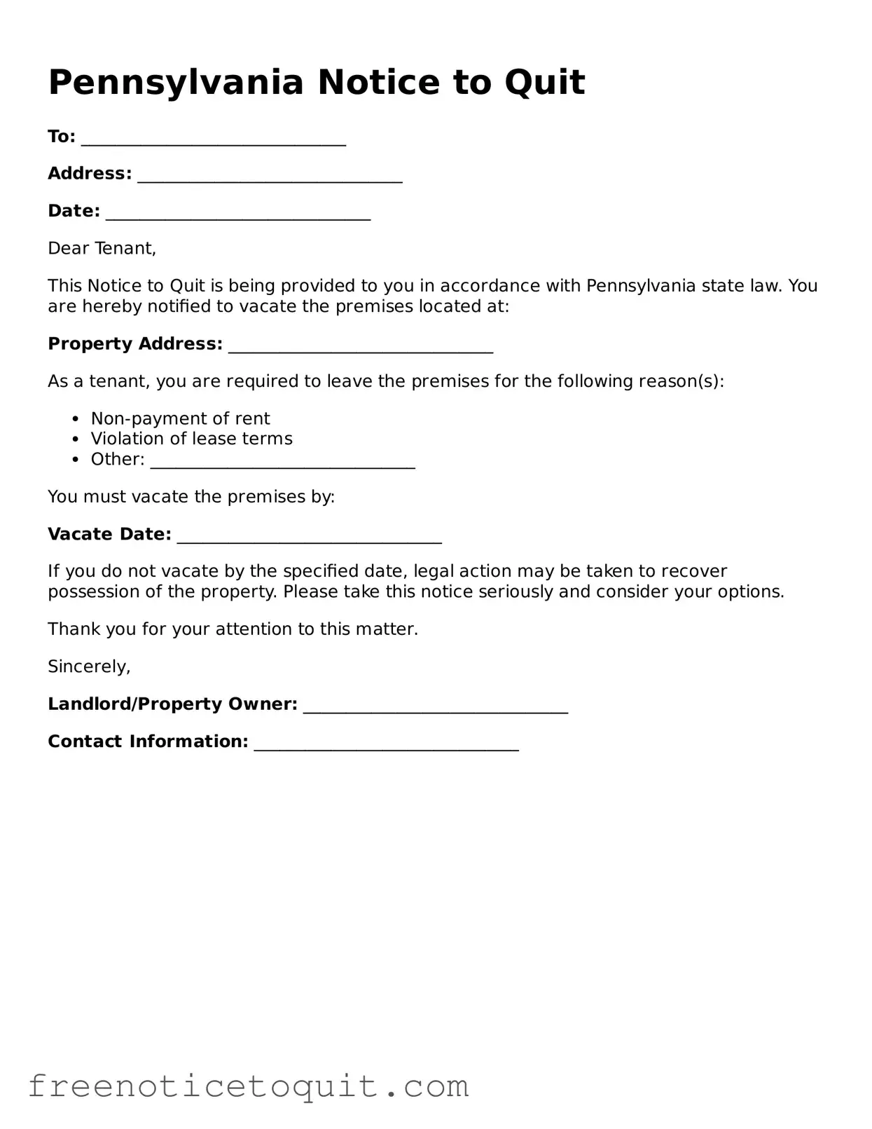 Printable Notice to Quit Template for the State of Pennsylvania
