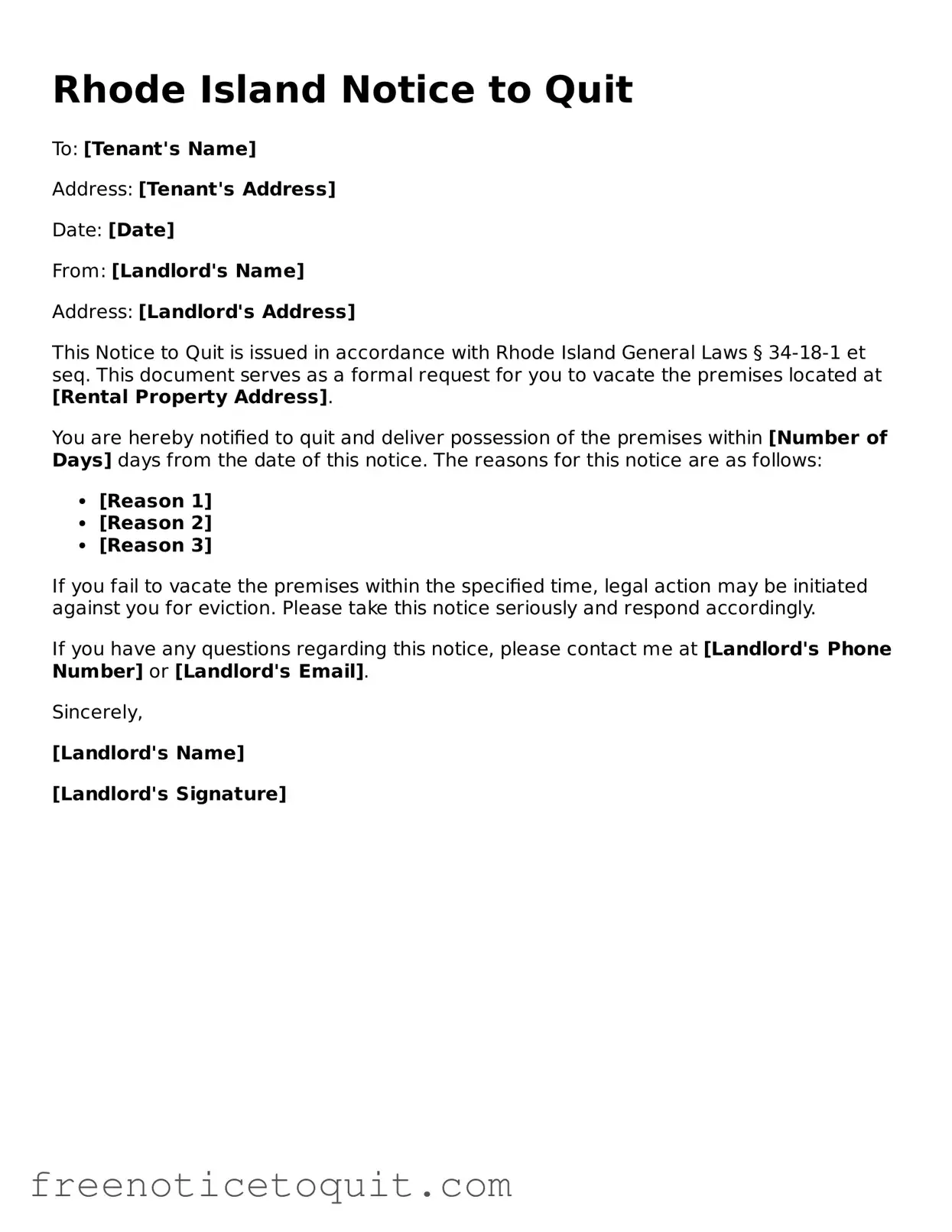 Printable Notice to Quit Template for the State of Rhode Island