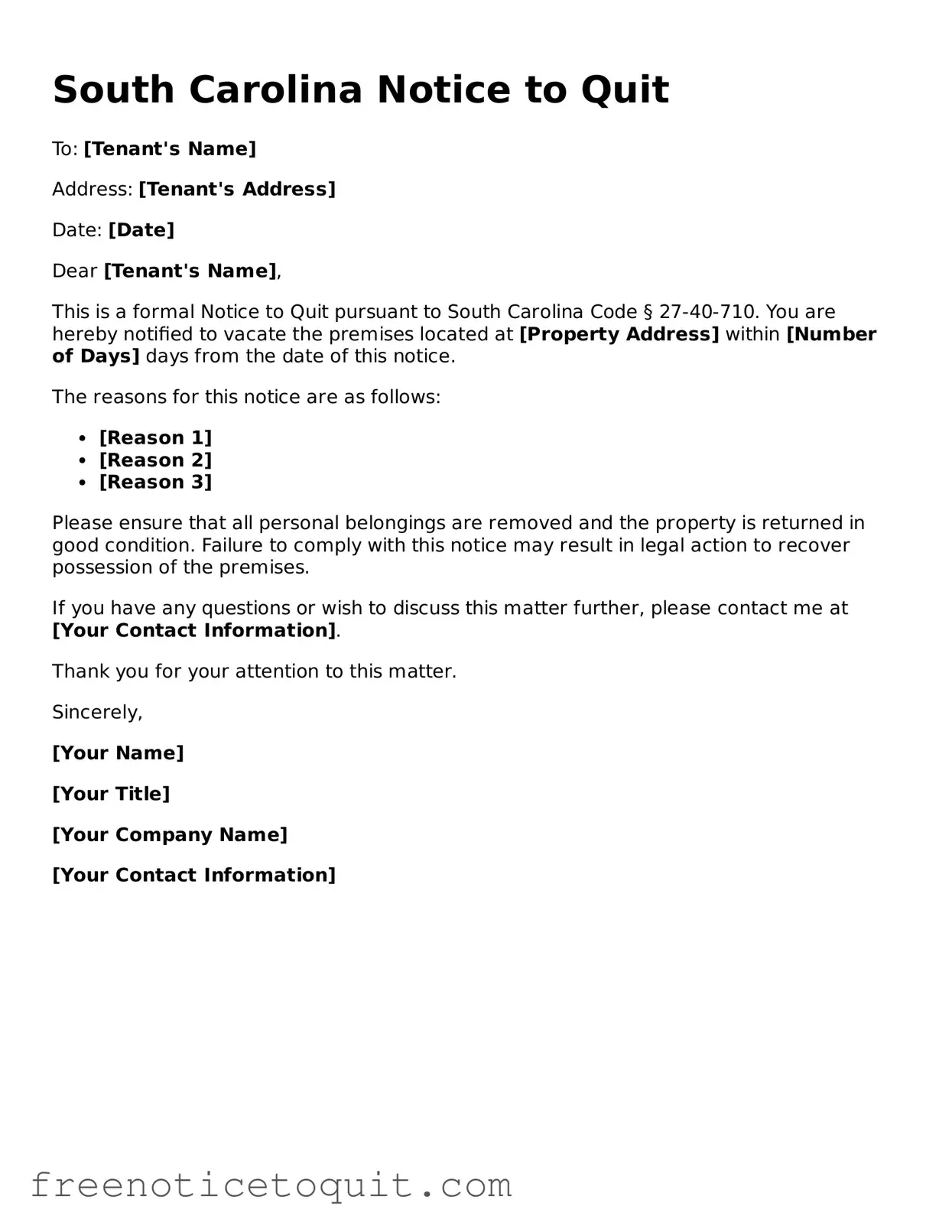Printable Notice to Quit Template for the State of South Carolina