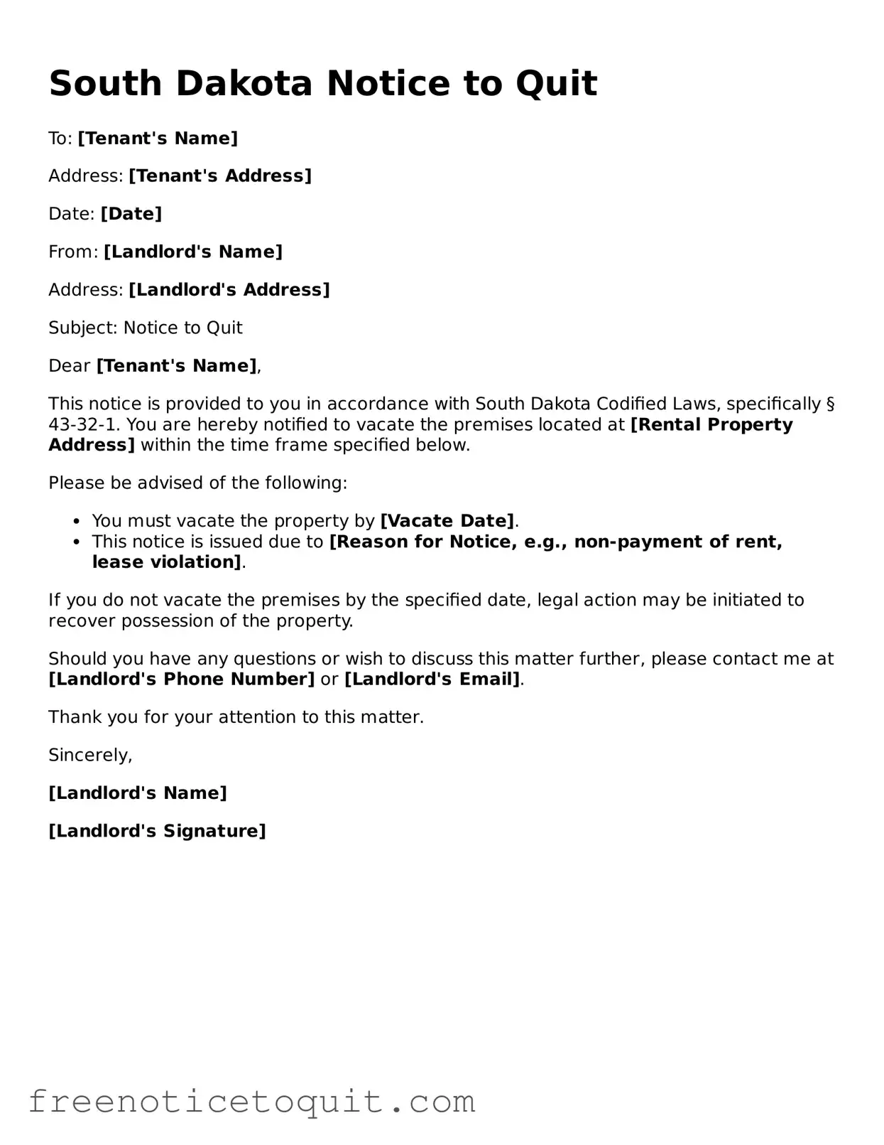 Printable Notice to Quit Template for the State of South Dakota