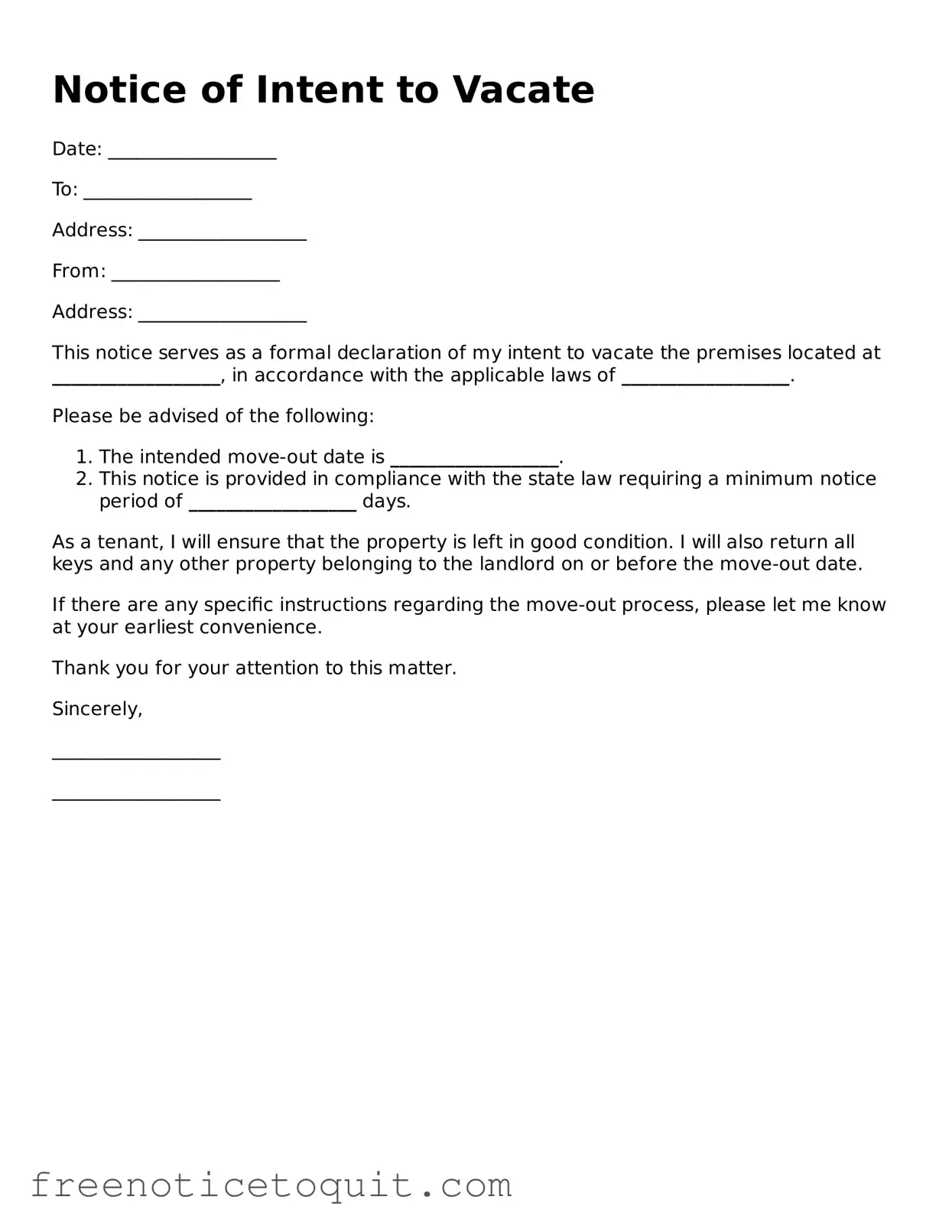 Official Notice of Intent to Vacate Form