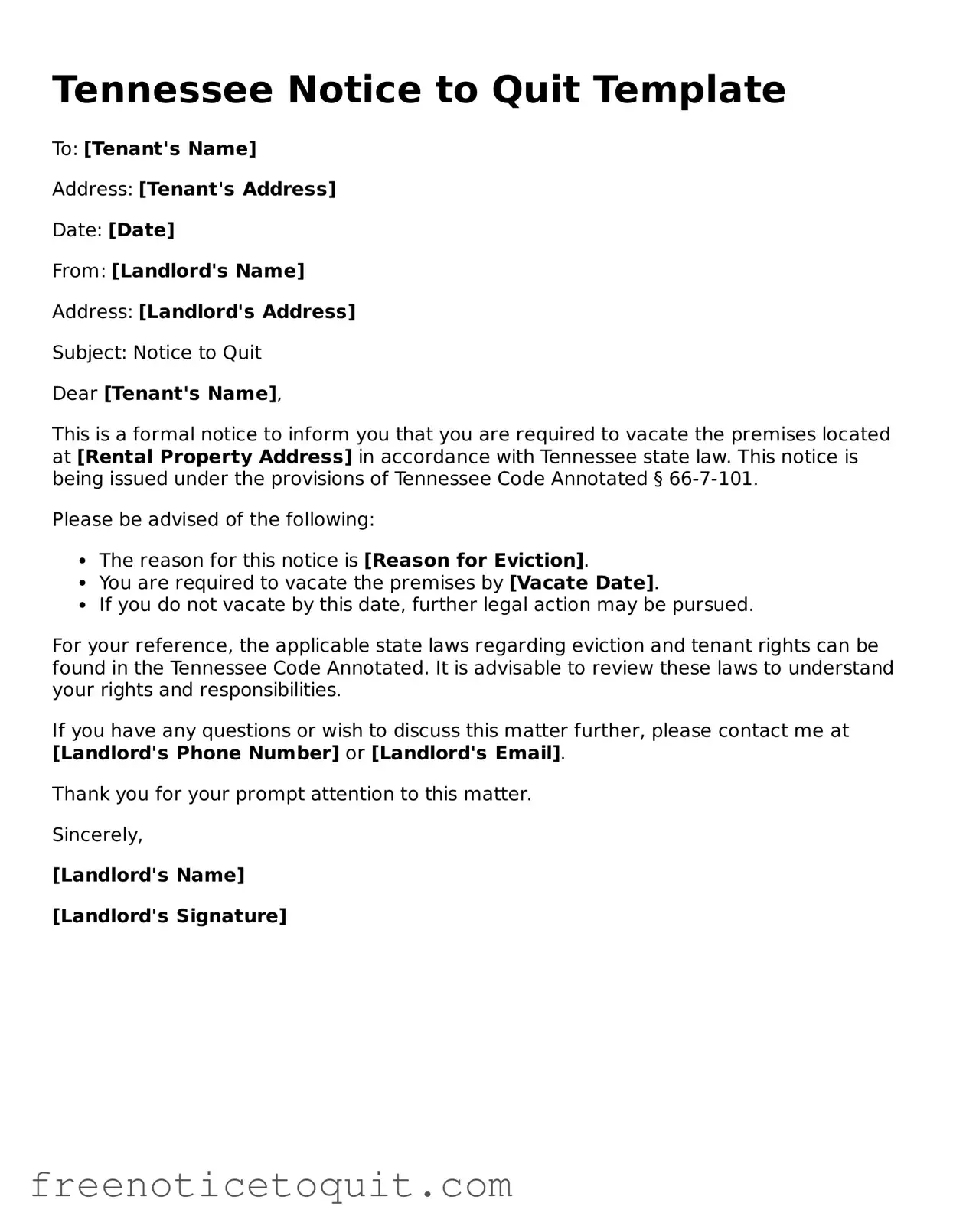 Printable Notice to Quit Template for the State of Tennessee