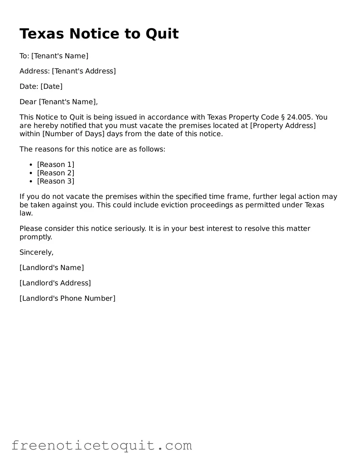 Printable Notice to Quit Template for the State of Texas