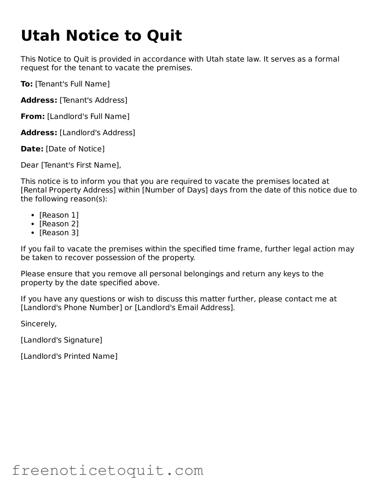 Printable Notice to Quit Template for the State of Utah