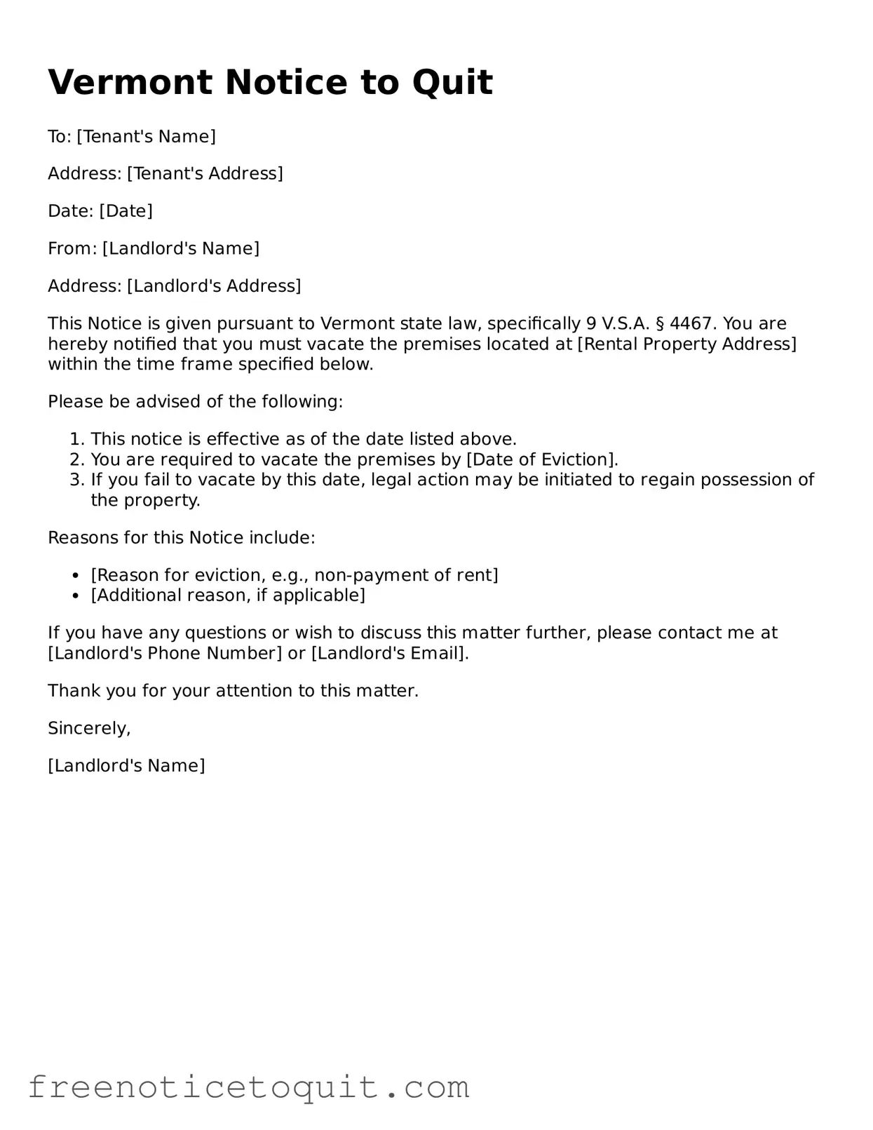 Printable Notice to Quit Template for the State of Vermont