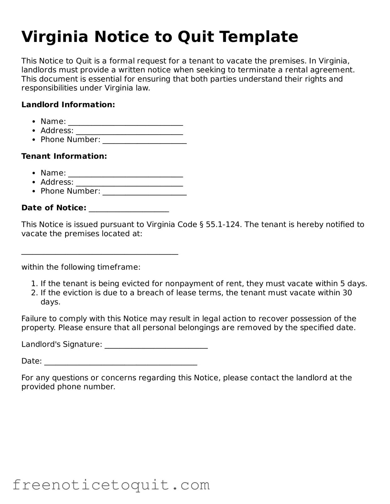 Printable Notice to Quit Template for the State of Virginia