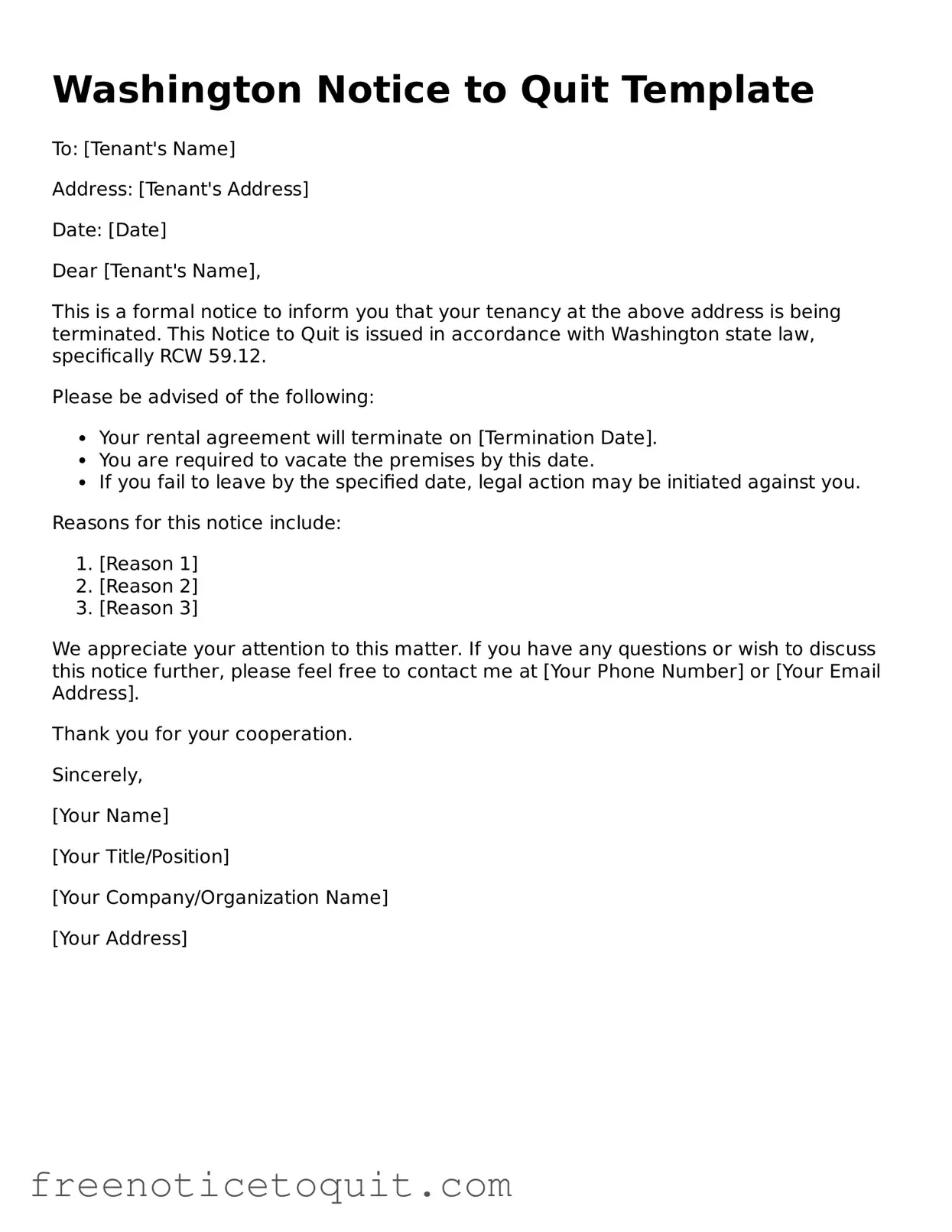 Printable Notice to Quit Template for the State of Washington