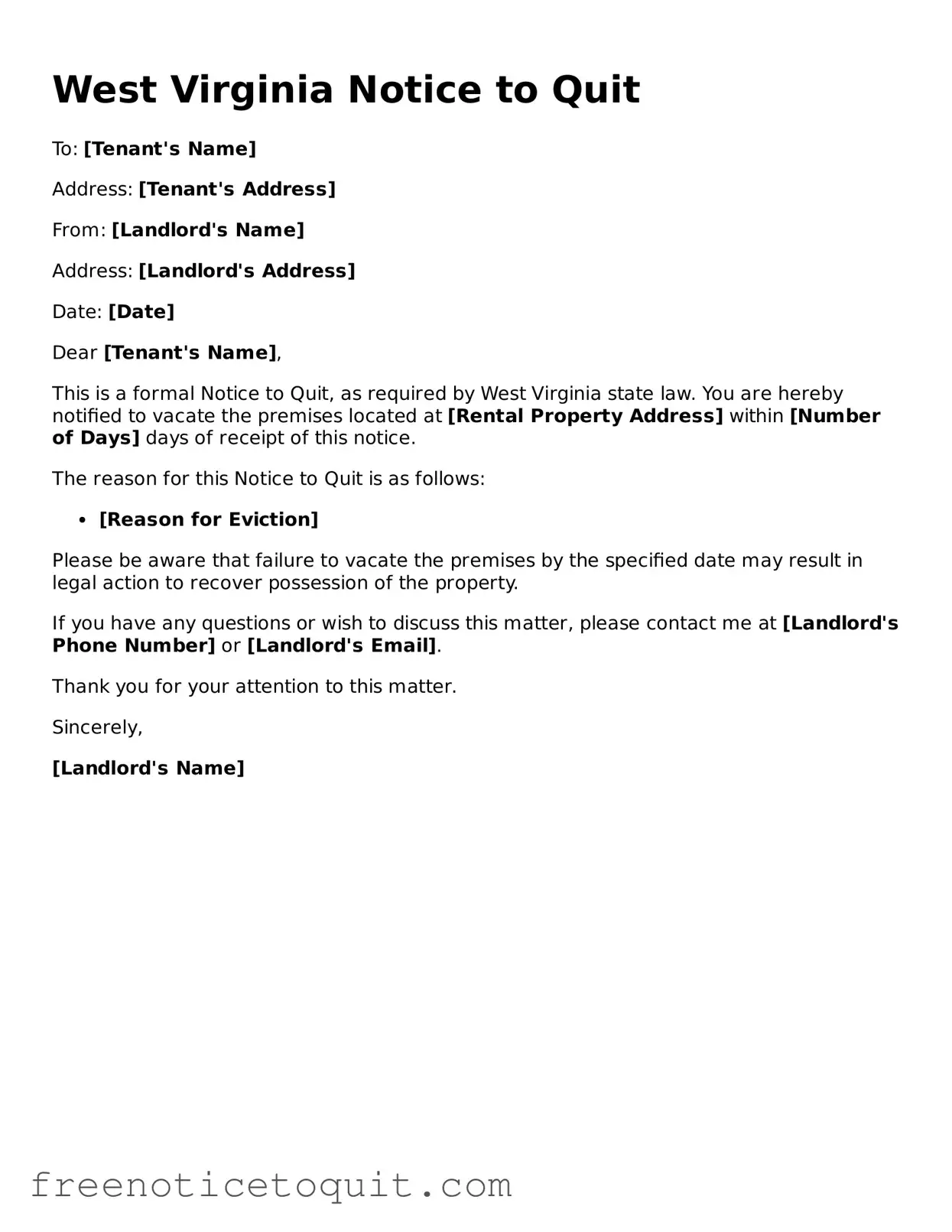 Printable Notice to Quit Template for the State of West Virginia