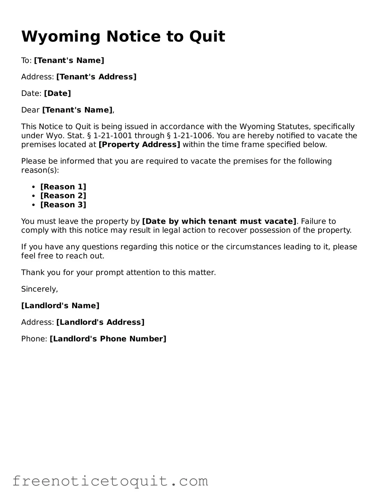 Printable Notice to Quit Template for the State of Wyoming